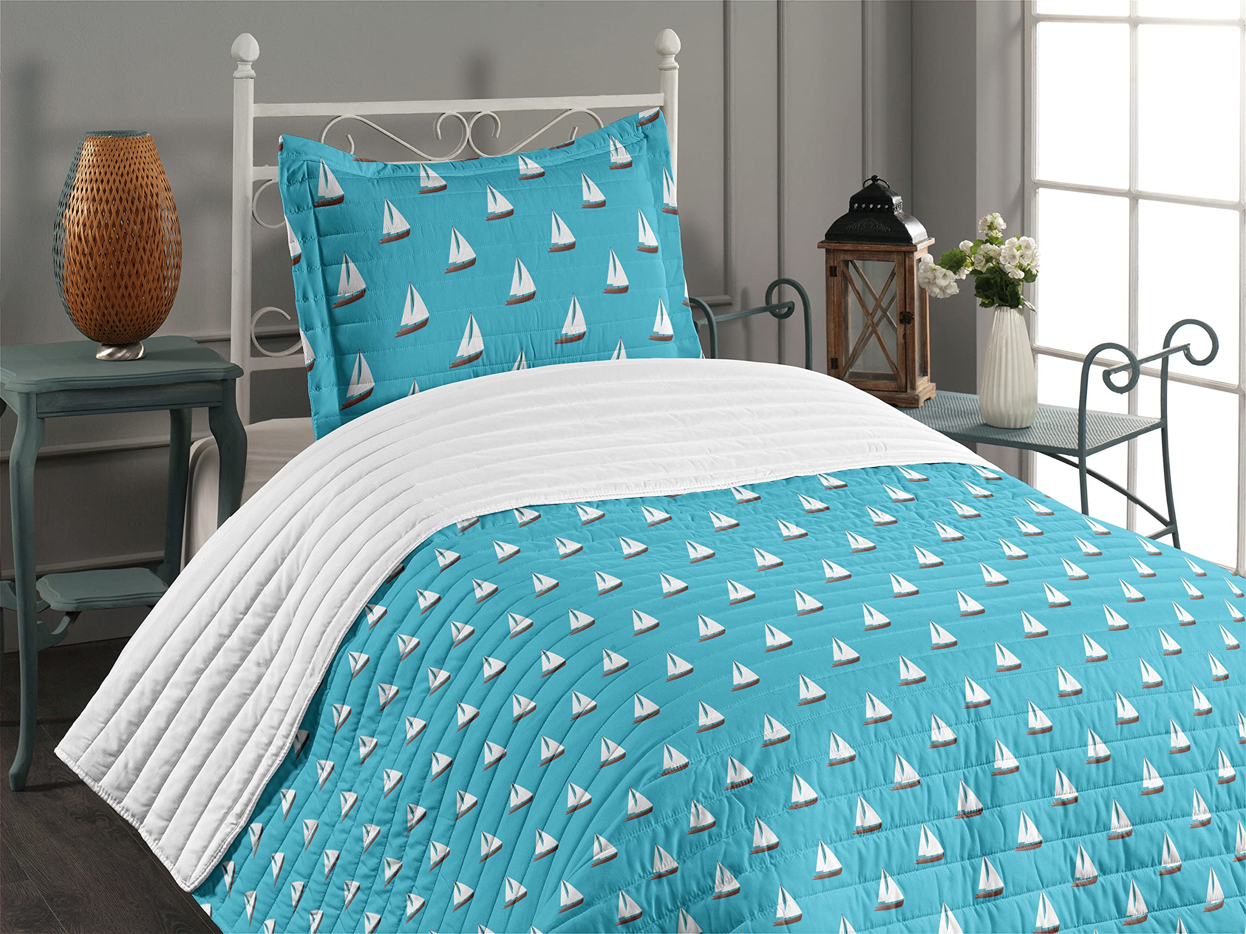 Ambesonne Nautical Microfiber Bedspread Set - Twin Size Blue White Brown Marine Sailing Boat Design | Soft Comforter & Pillow Sham | Perfect for Beach House, Guest Room or Coastal Themed Bedroom Decor
