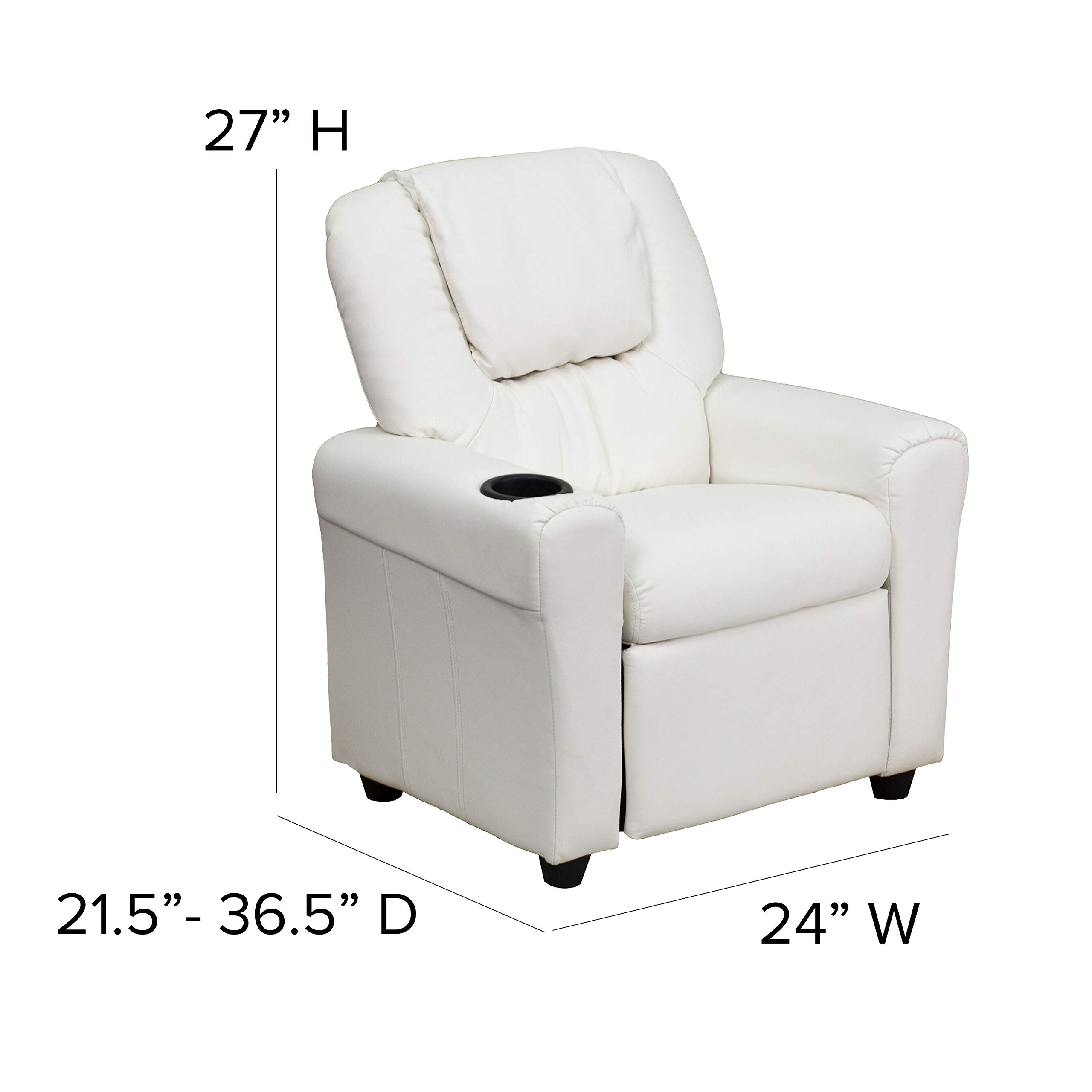 Comfortable White Vinyl Kids Recliner with Cup Holder & Headrest - Perfect for Playrooms, Bedrooms & Movie Nights