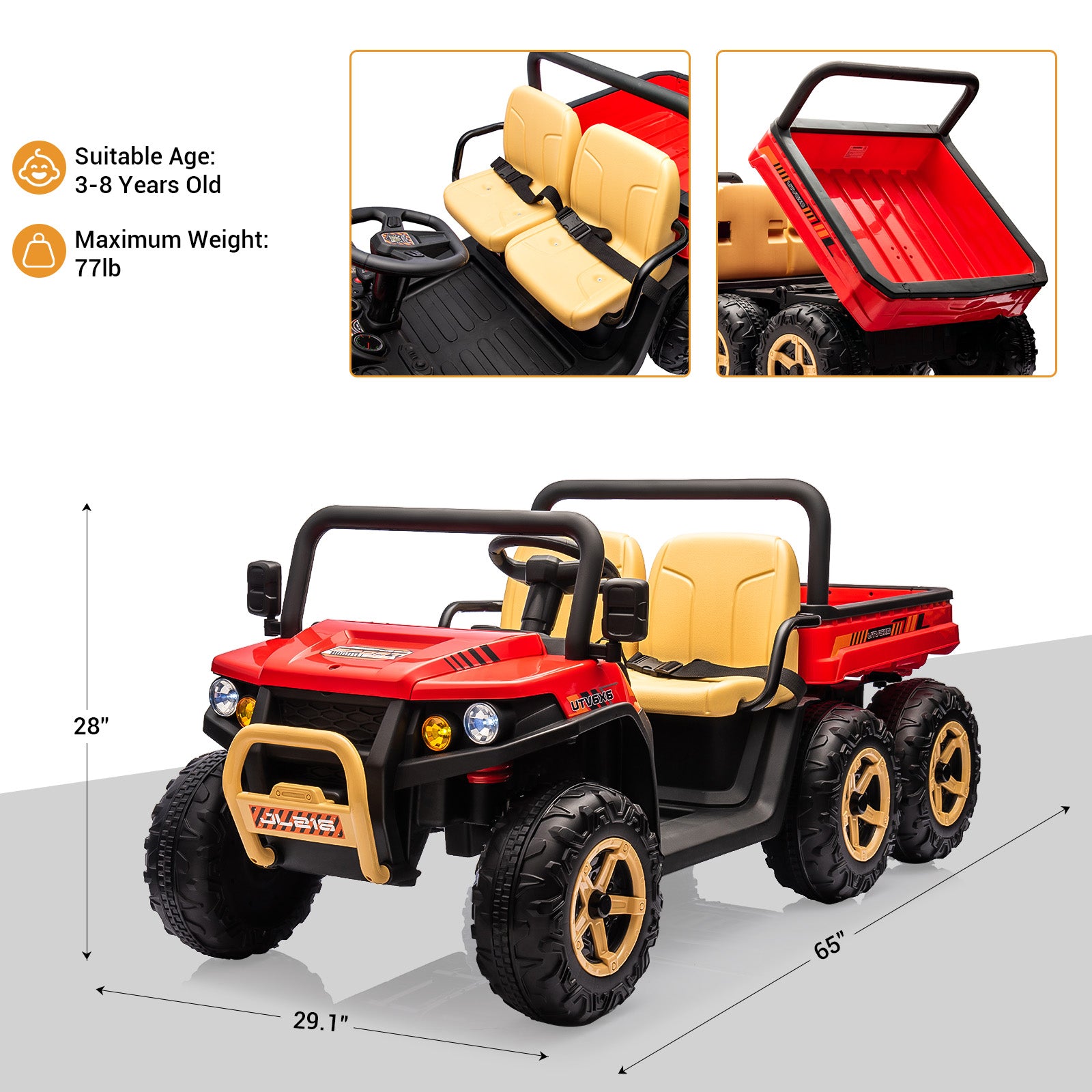GARVEE 24V 2-Seater Kids Ride On Dump Truck - 6X6 Electric UTV with Remote Control, Battery Powered 6-Wheeler for Boys & Girls Ages 3+ (Black & Red) | Perfect for Outdoor Play, Birthday Gifts & Backyard Adventures