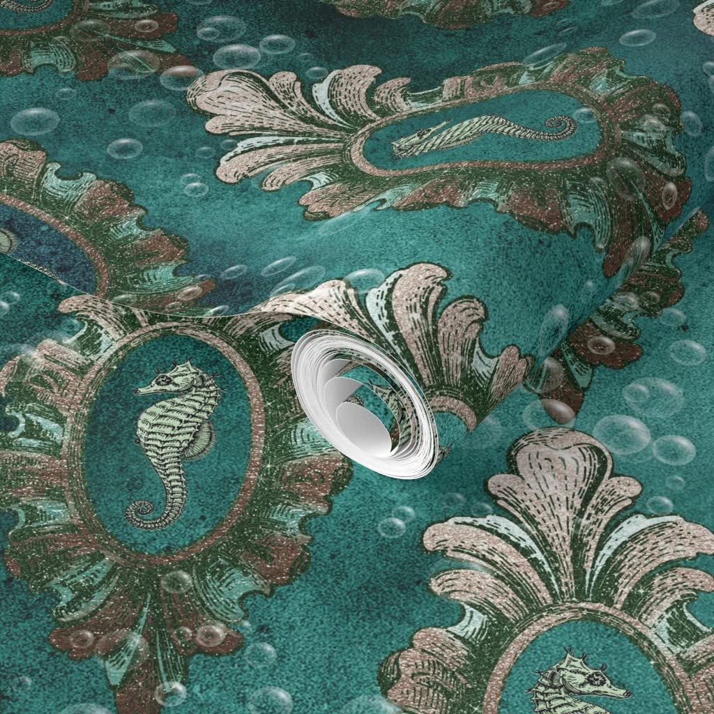 Removable Wallpaper Swatch - Seahorse Blue Teal Bubbles Tropical Ocean Design | Self-Adhesive Peel & Stick Wallpaper for Nursery, Bathroom, Bedroom Decor | Spoonflower Custom Wallpaper
