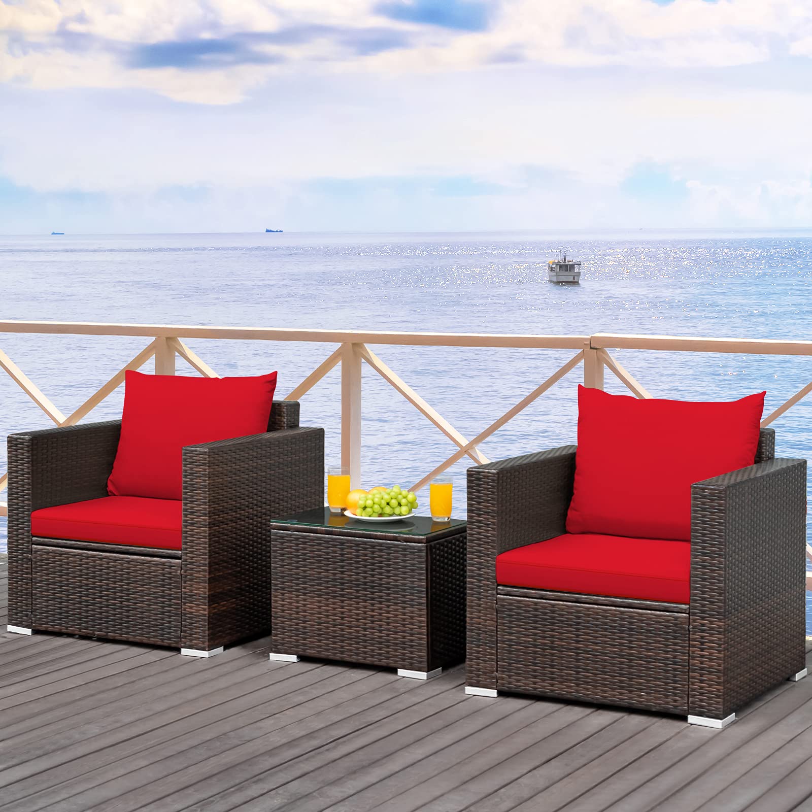 HAPPYGRILL 3-Piece PE Rattan Patio Furniture Set with Cushions & Coffee Table - Outdoor Wicker Sofa Conversation Set for Garden, Poolside, Balcony, Backyard & Deck Relaxation