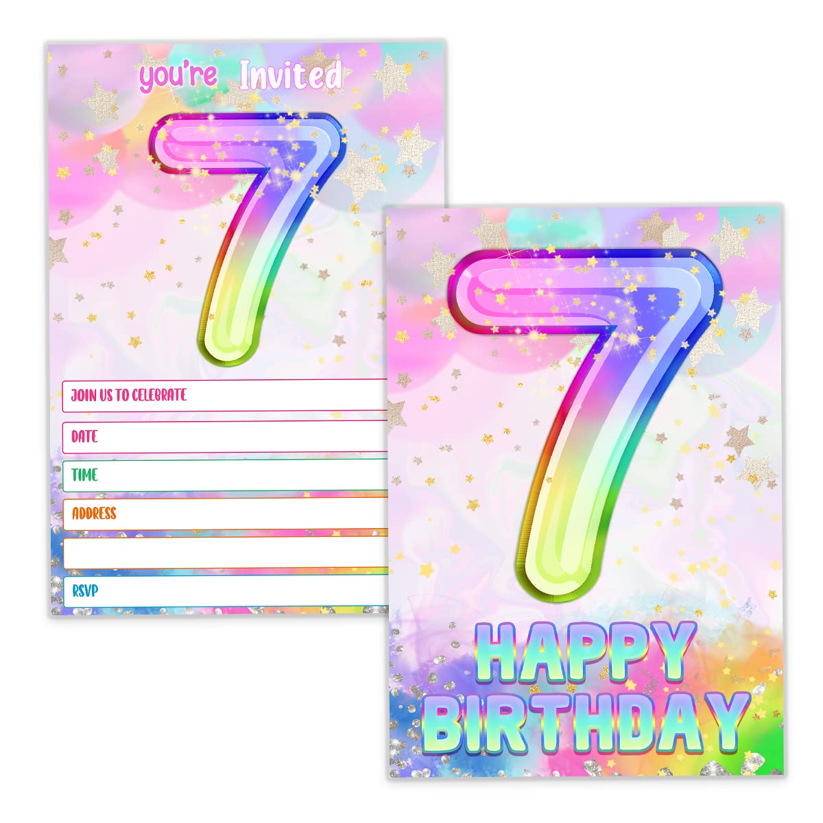 7th Birthday Party Invitation Cards - Rainbow Holographic Invitations with Envelopes (20-Pack) | Perfect for Kids' Birthday Celebrations & Special Events