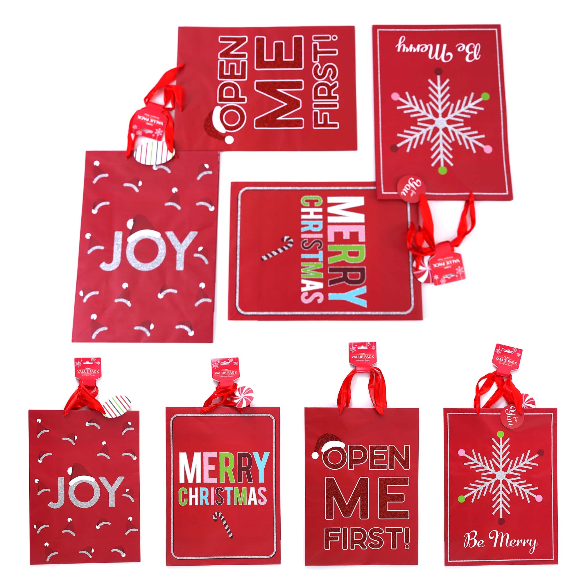 2-Pack Extra Large Color Me Red Christmas Glitter Gift Bags - 4 Festive Holiday Designs for Stocking Stuffers, Party Favors & Gift Wrapping