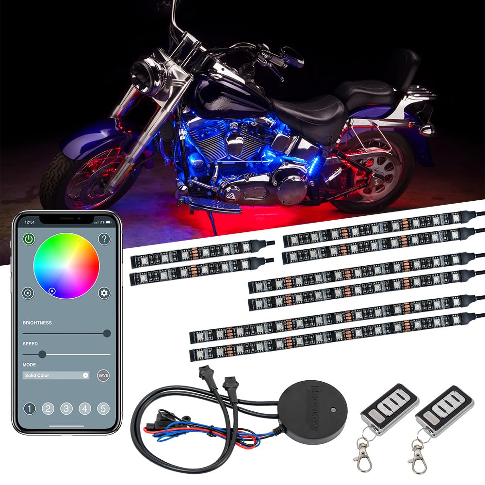 LEDGlow 8-Piece Bluetooth LED Motorcycle Underbody Lighting Kit - 16 Million Colors, Smartphone App Control, Dual Zone & Brake Light Features, Waterproof - Perfect for Night Riding & Custom Bike Shows