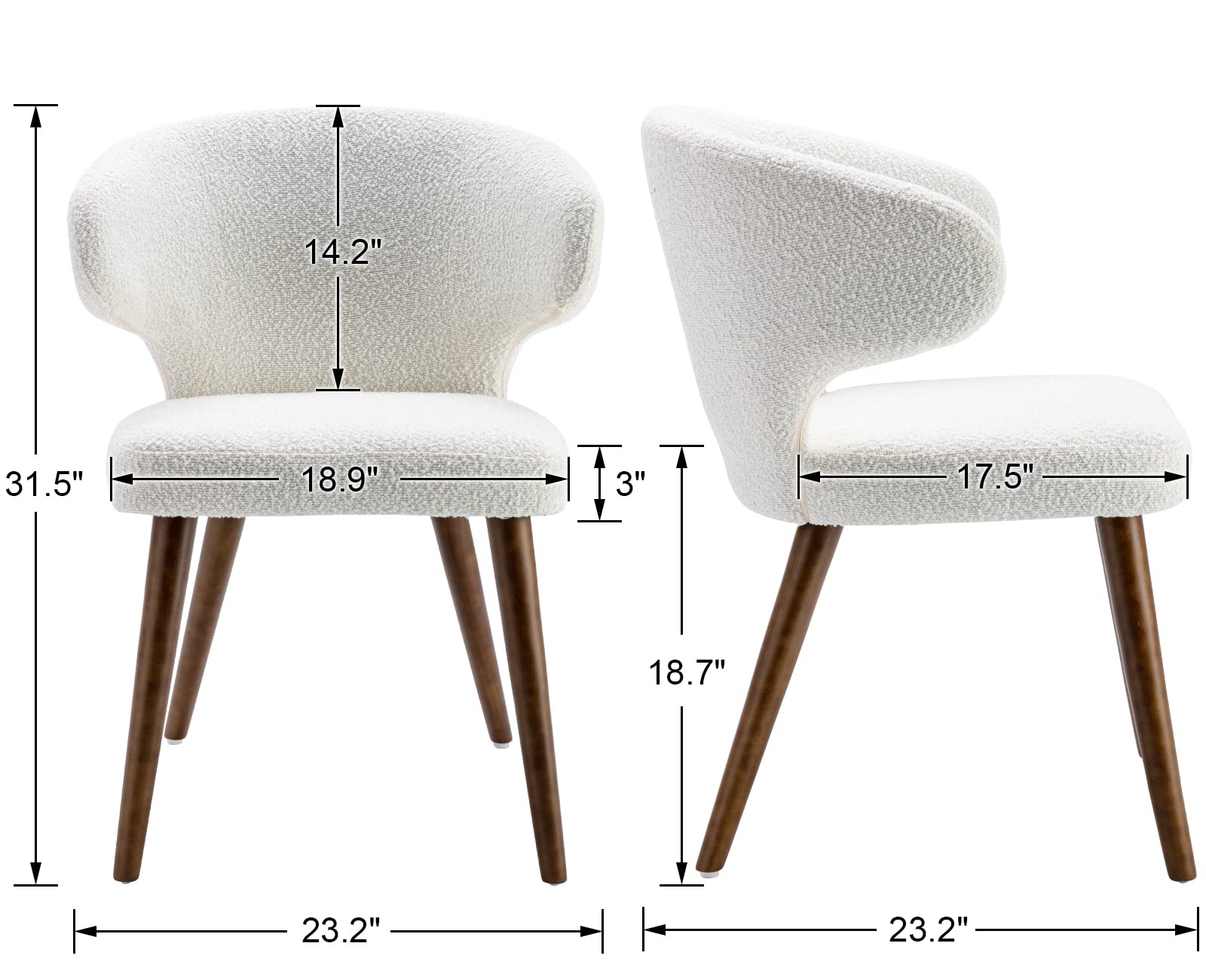 Mid Century Modern Sherpa Boucle Dining Chairs Set of 2 - Upholstered Curved Wingback Accent Arm Chairs with Solid Wood Legs in White | Perfect for Dining Room, Living Room & Home Office Decor