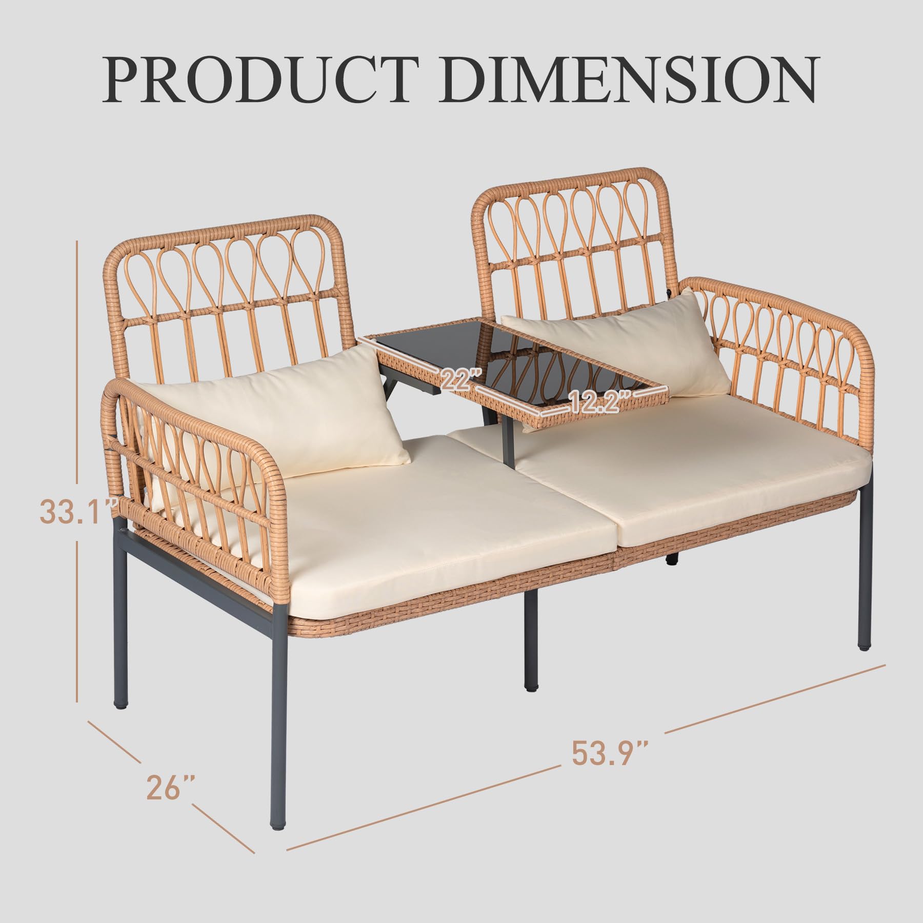 PROHIKER Outdoor Rattan Loveseat 2-Seat Sofa with Built-in Table, Lumbar Pillows & Cushions - All-Weather Wicker Patio Furniture for Porch, Balcony, Garden, Lawn, Backyard - Perfect for Relaxing, Entertaining & Outdoor Lounging