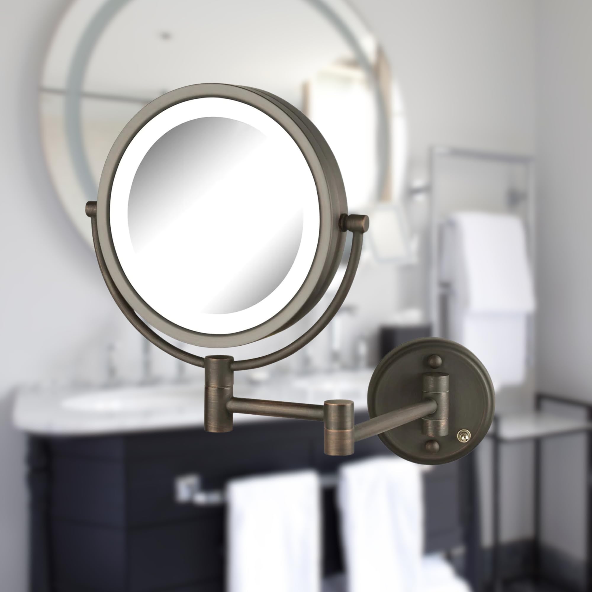 JERDON Wall-Mounted LED Makeup Mirror with 8X Magnification - Bronze Finish Vanity Mirror with Adjustable Lights for Perfect Makeup Application (Model HL88BZL) - Ideal for Home Bathroom, Dressing Room & Professional Salon Use