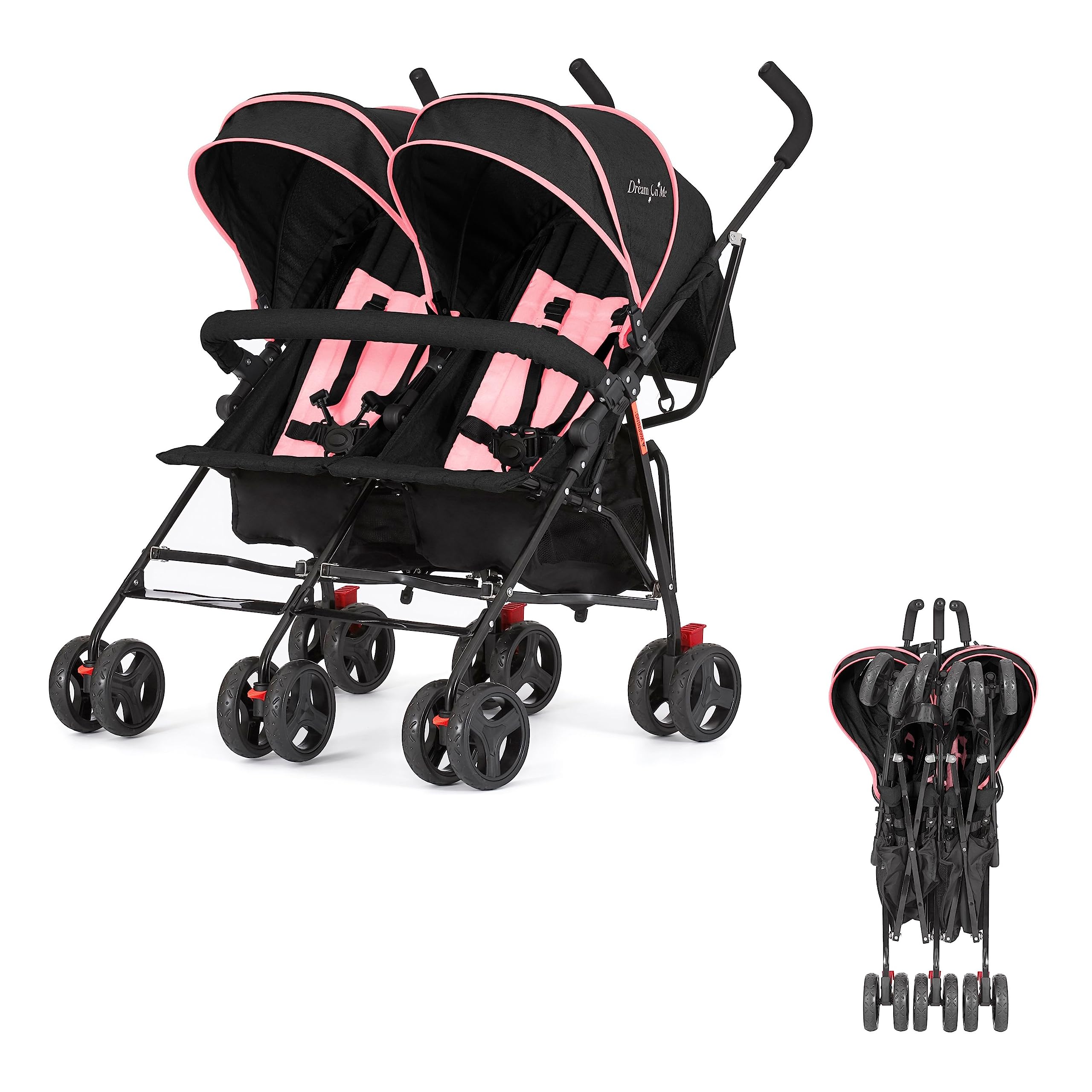 Dream On Me Volgo Twin Umbrella Stroller - Lightweight Double Stroller for Infant & Toddler, Compact Fold, Large Storage Basket & Adjustable Canopy | Perfect for Twins Shopping, Travel & Outdoor Walks