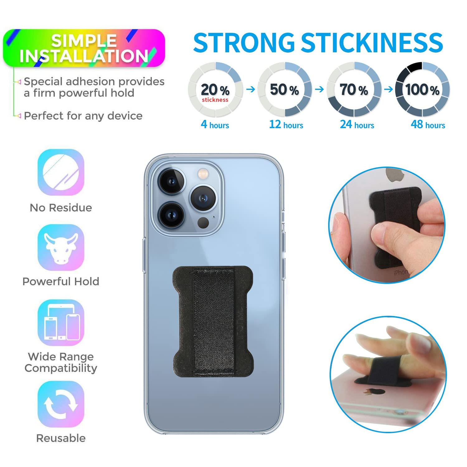 WOJI 2-Pack Slim Finger Grip Strap Holder for Smartphones - Universal Phone Strap with Finger Loop for Secure Grip - Compatible with iPhone, Samsung & Most Phones - Perfect for Selfies, Gaming & One-Handed Use (Black)