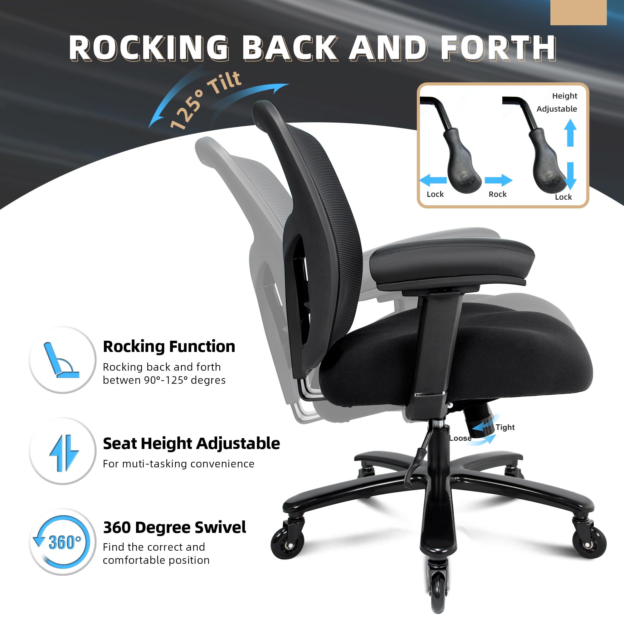 Big and Tall Office Chair 500lbs - Heavy Duty Ergonomic Mesh Computer Chair with Wide Seat Cushion, Adjustable Lumbar Support & 4D Armrests - Black for Home Office, Gaming, and Workspace Comfort