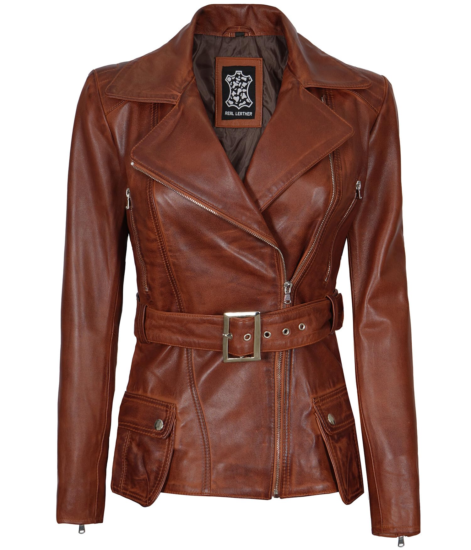 Genuine Lambskin Leather Motorcycle Jacket for Women - Premium Long Leather Coat with Zipper - Perfect for Riding, Biker Fashion & Winter Outerwear