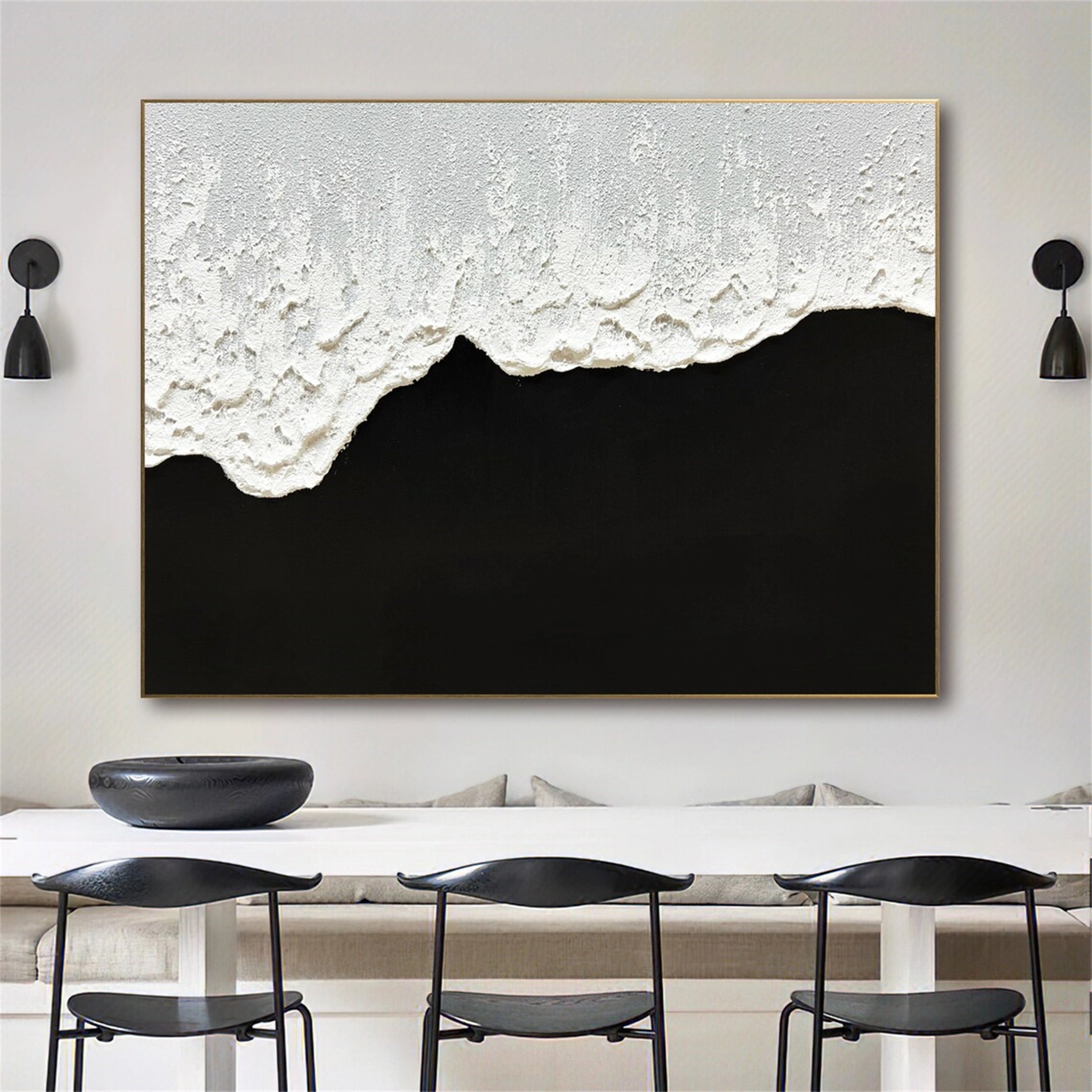 Black and White Textured Minimalist Wall Art Print - Modern Abstract Canvas Painting for Living Room, Bedroom & Office Decor | #MZ058