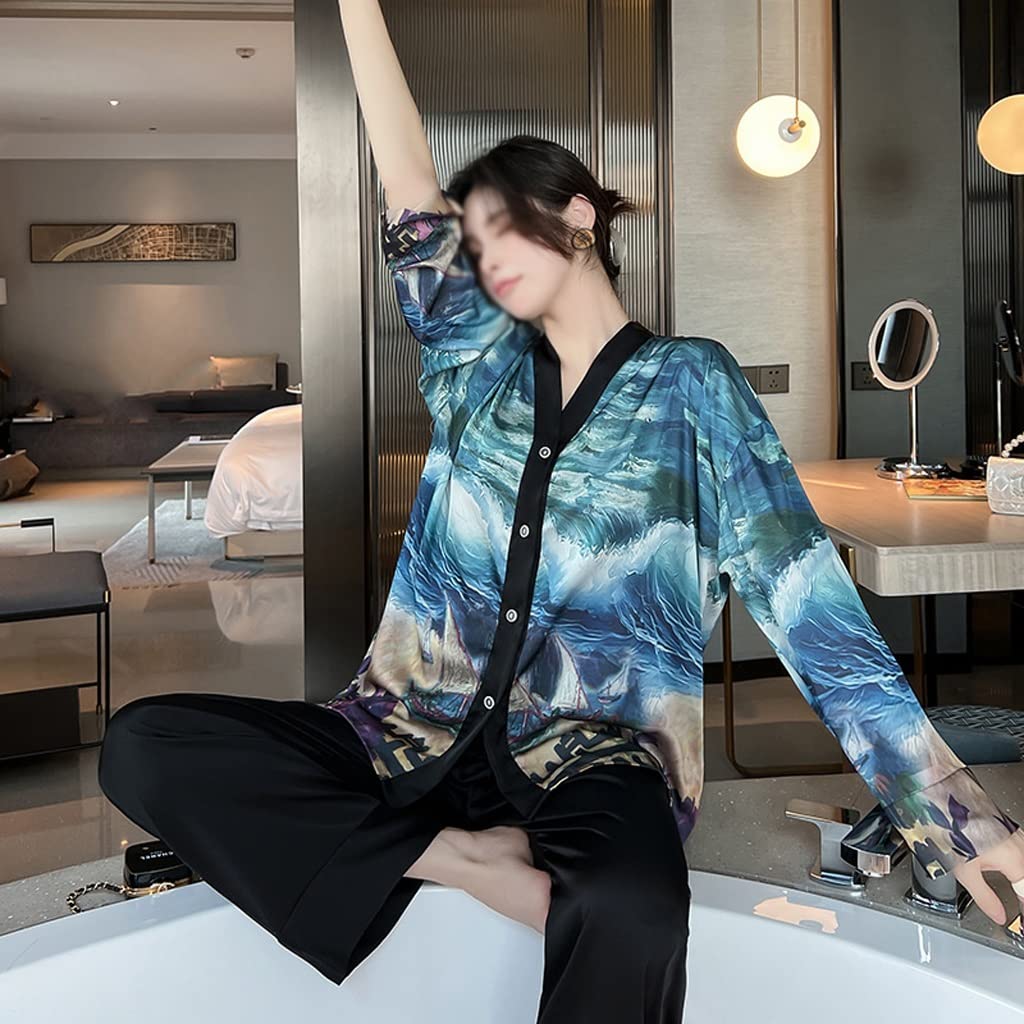 Premium Ice Silk Pajama Set for Women - Soft Long Sleeve Cardigan & Pants with Floral Print (Color B, Size X-Large) - Cozy Lounge Wear for Spring & Fall, Perfect for Sleepovers, Relaxing at Home or Spa Days