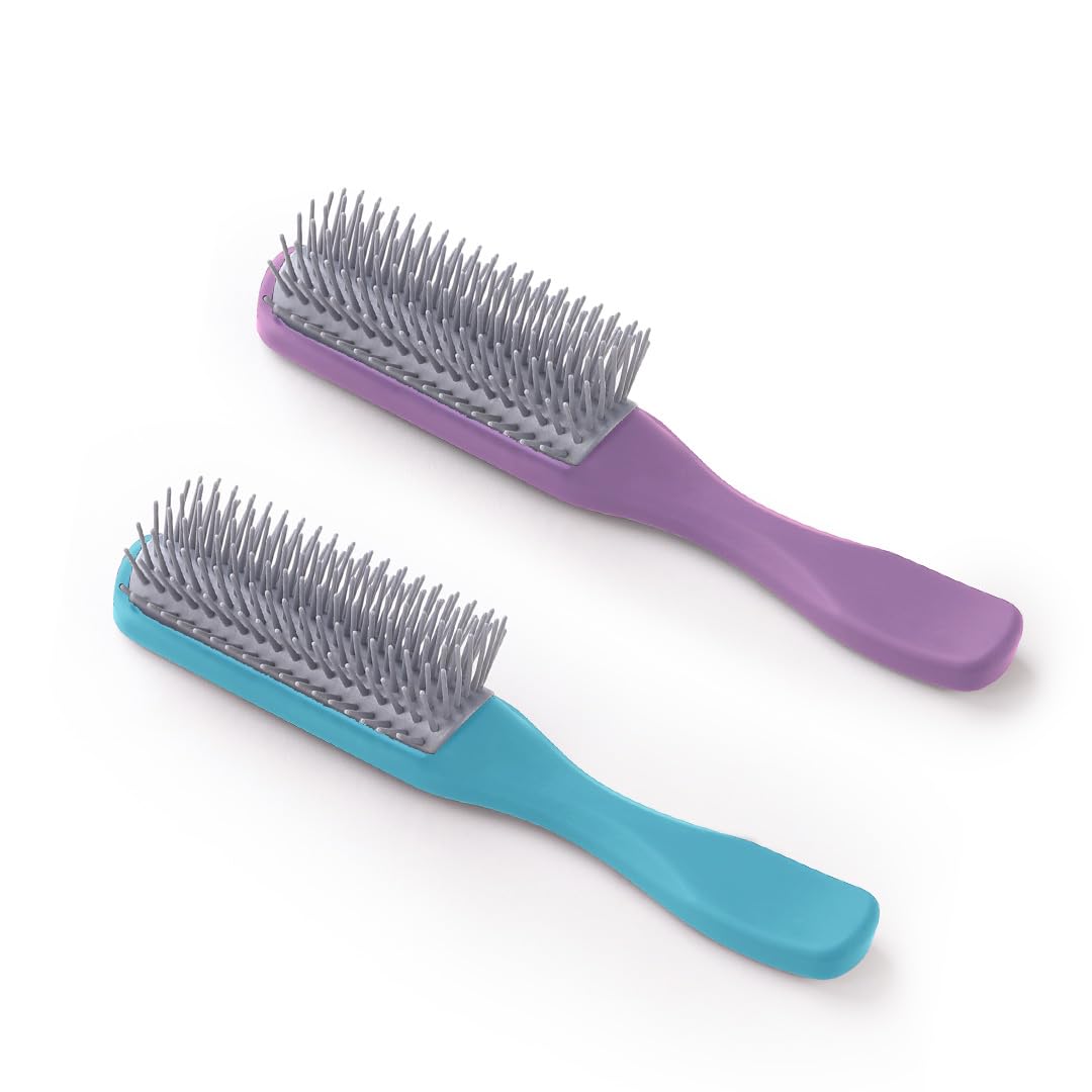 UMAI Flat Hair Brush with Strong Flexible Bristles - 9 Row Curl Defining Brush for Thick Curly Wavy Hair - Large Fan Head Styling Brush for Women Men (Blue Purple, 2 Pack) - Perfect for Salon Styling & Home Hair Care