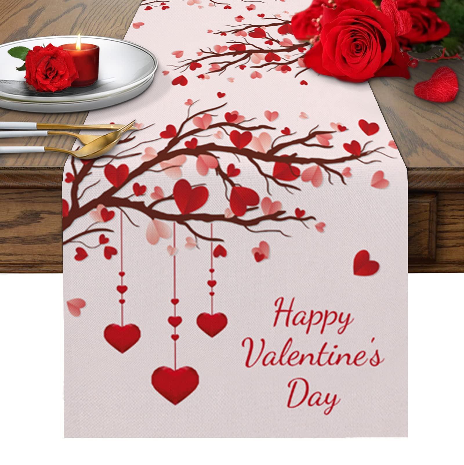 Valentine's Day Table Runner 90 Inches Long - Pink Cotton Linen Tablecloth for Coffee Table, Wedding, Party & Dining Decor - Romantic Heart Tree Design - Perfect for Valentine's Decor, Anniversary Gifts & Holiday Table Settings
