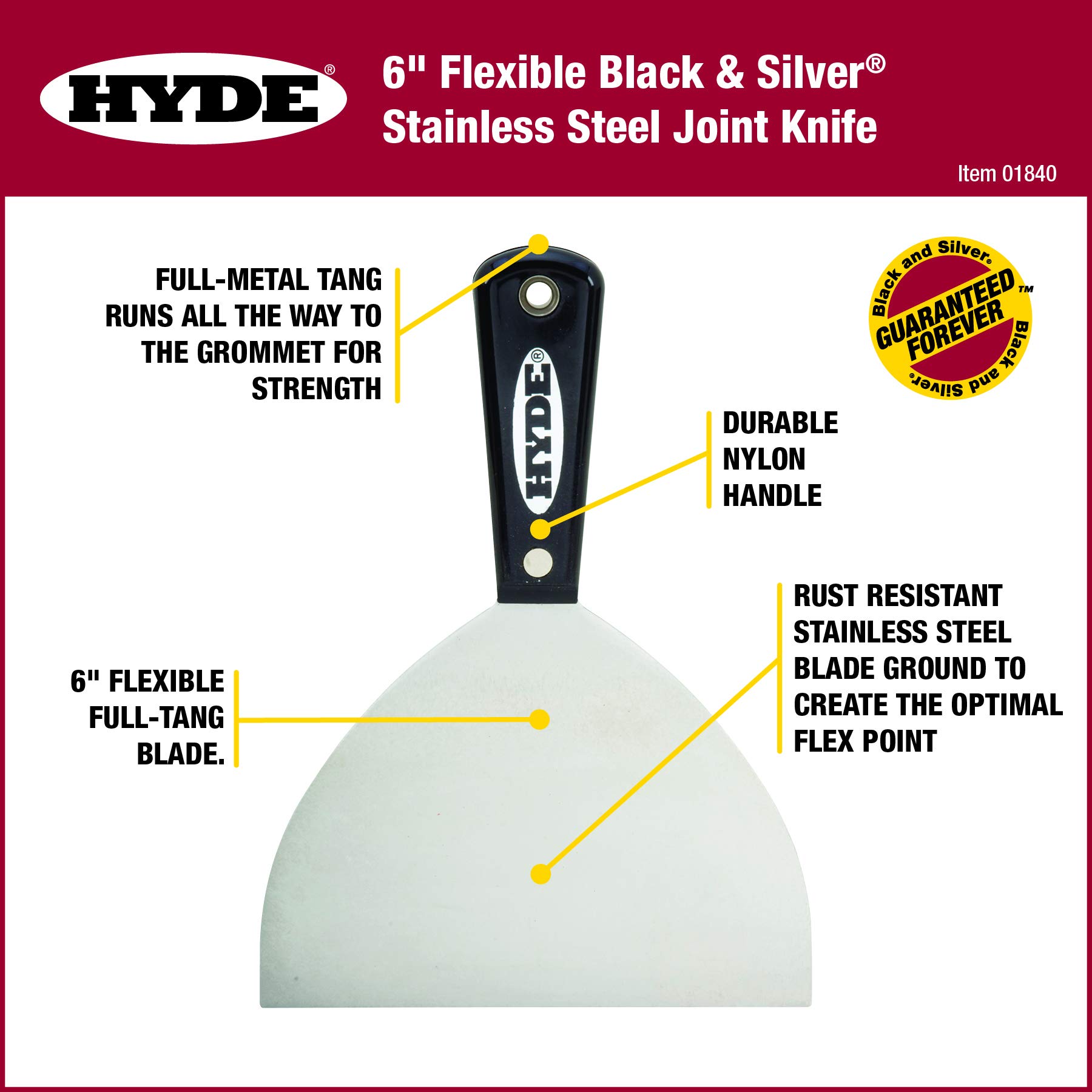 Hyde 01840 6-Inch Flexible Black & Silver Stainless Steel Drywall Joint Knife - Perfect for Drywall Repair, Spackling, and DIY Home Improvement Projects