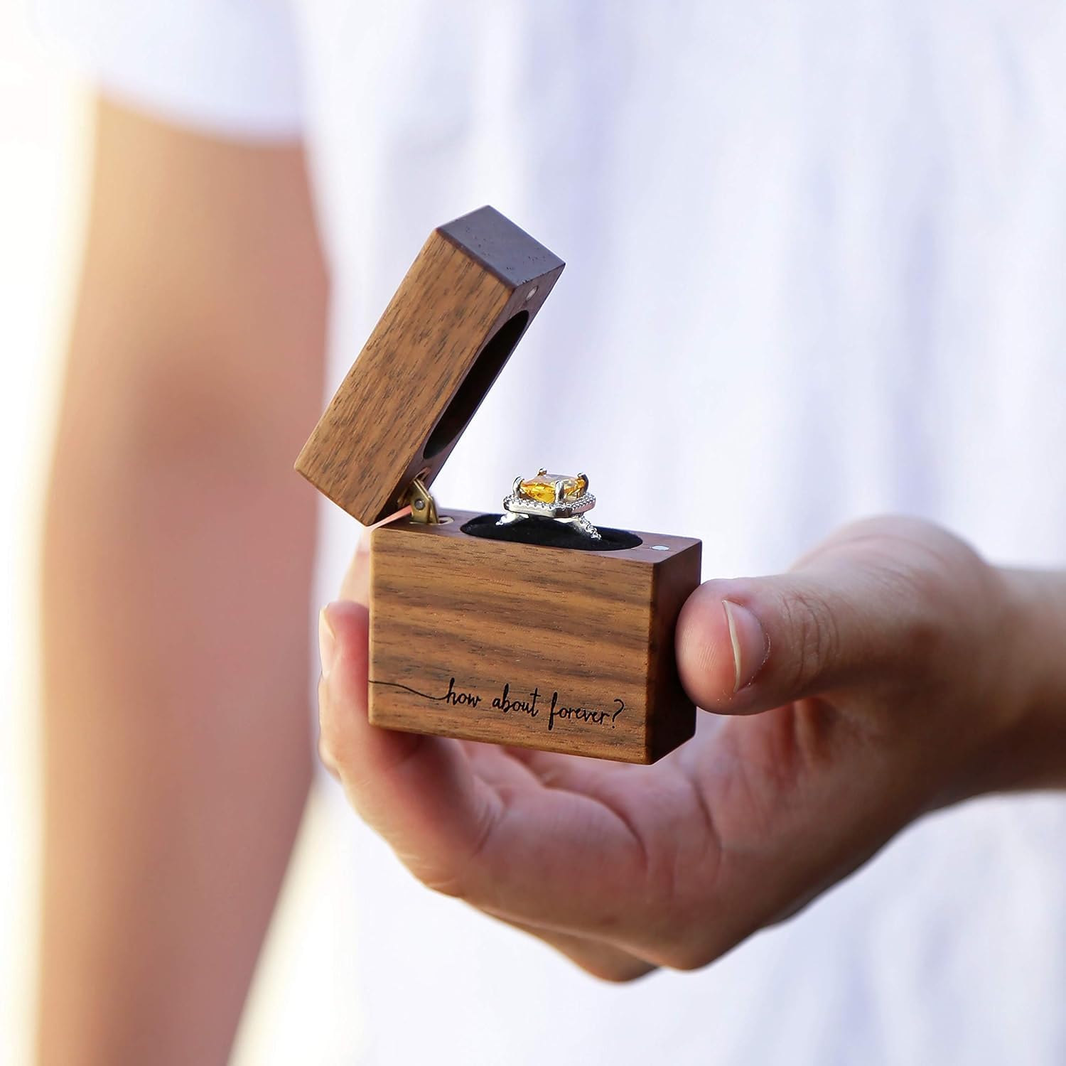 MUJEE Engraved Wooden Proposal Ring Box - Personalized Wedding Ring Bearer Box for Engagement & Ceremony - Perfect for Proposals, Vow Renewals & Photo Decor