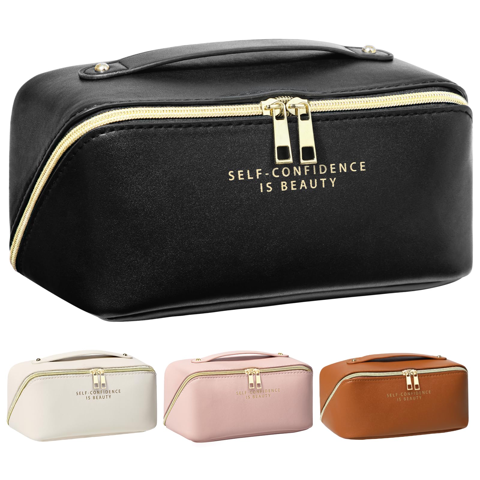 DOFOWORK Makeup Bag for Women - Waterproof Travel Cosmetic Organizer with Divider, Handle & PU Leather - Washable Flat Open Design - Perfect for Travel, Gym & Daily Makeup Storage