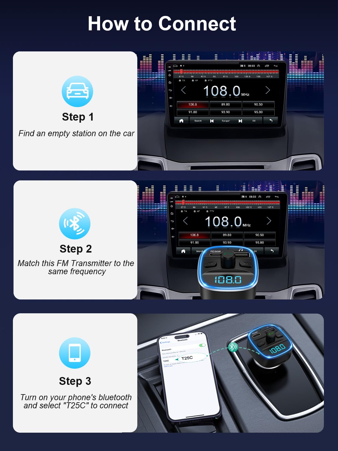 ORIA Bluetooth 5.3 Car Adapter with 36W PD Fast Charging - Wireless FM Transmitter for Car Audio, Hands-Free Calling, Supports TF Card & USB Drive | Perfect for Road Trips, Commuting & Music Lovers