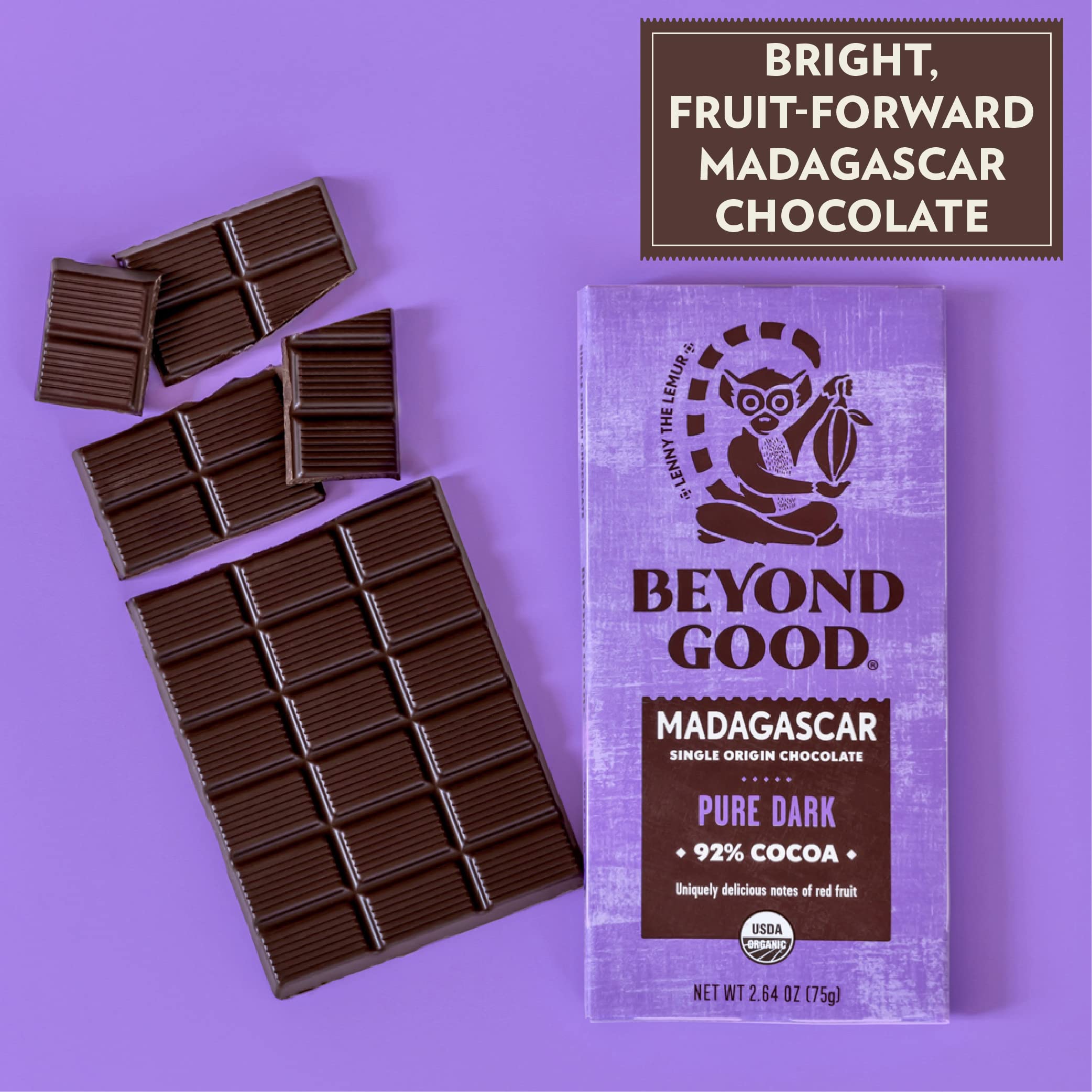 Beyond Good Organic Dark Chocolate Bars 6-Pack | 92% Single Origin Madagascar Heirloom Cacao | Vegan, Kosher, Non-GMO, Direct Trade | Perfect for Baking, Gifts & Healthy Snacking