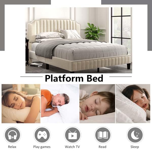 Velvet Upholstered Queen Size Platform Bed with Nailhead Trim Headboard - Modern Elegant Bed Frame with Wood Slat Support, No Box Spring Needed (Beige) | Perfect for Master Bedroom, Guest Room & Luxury Apartment Decor