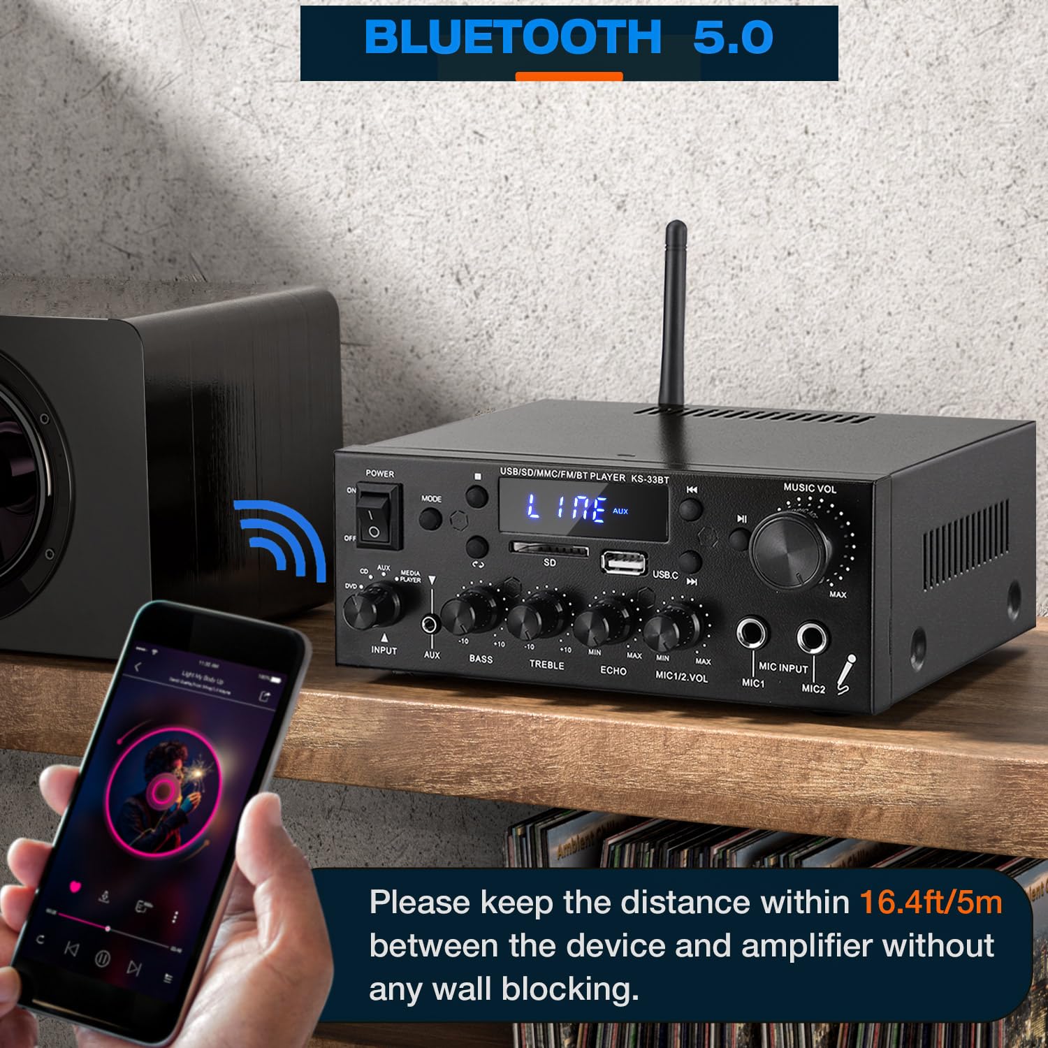 Facmogu KS-33BT 2.1CH Stereo Audio Amplifier with Active Subwoofer Output - 60Wx2 RMS, 400Wx2 Max Power, Bluetooth 5.0 HiFi Receiver for Home Theater - USB/SD/AUX/FM Inputs, MIC/Echo Function - Perfect for Living Room, Gaming & Music Listening