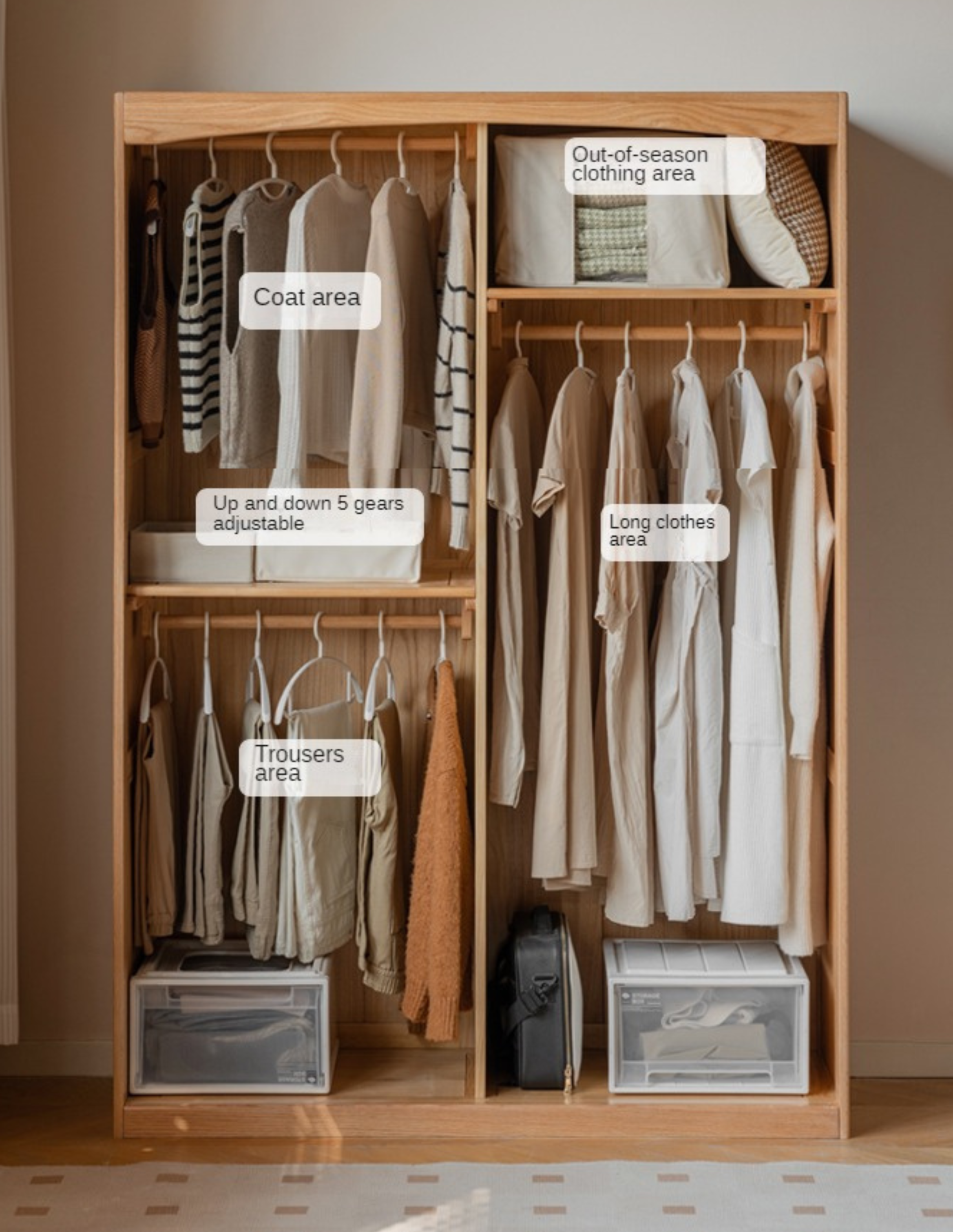 Oak Solid Wood Wardrobe with Curtain Design - Elegant Closet Storage for Bedroom, Living Room & Dorm Organization