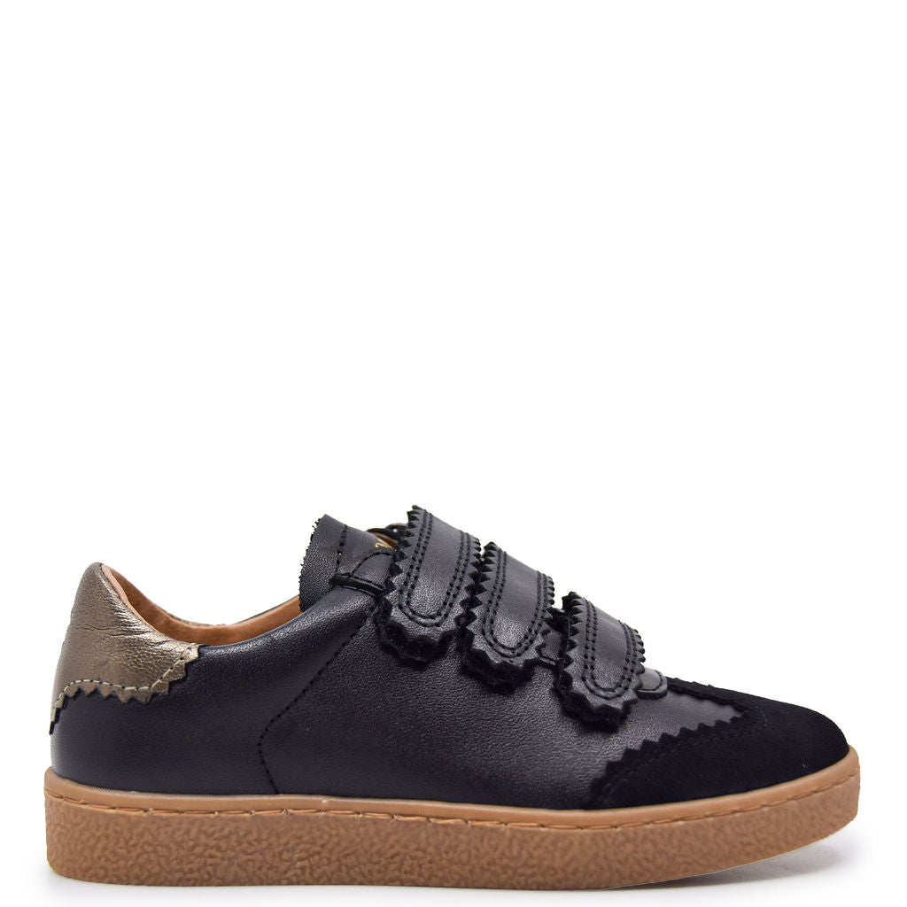 Black and Gold Scalloped Velcro Sneakers for Women - Comfortable Casual Shoes for Walking, Running & Everyday Wear