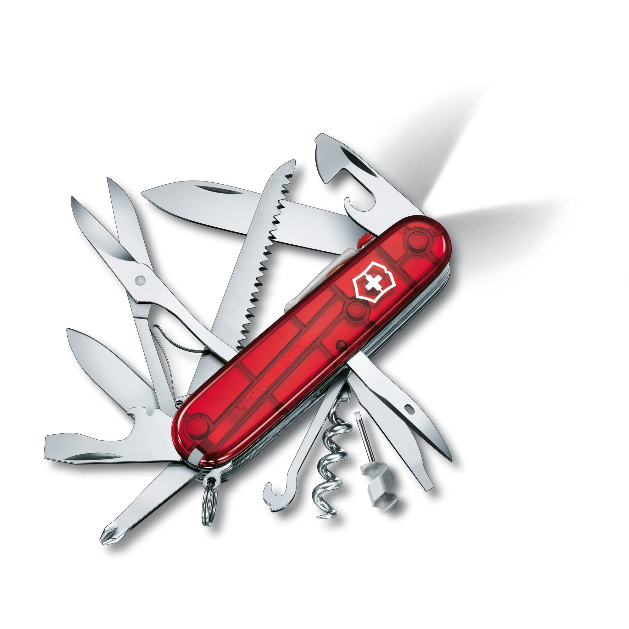 Victorinox Swiss Army Huntsman Lite Pocket Knife - Ruby Red Multitool with 15 Functions for Camping, Hiking & Everyday Carry (EDC) | Compact & Durable Swiss-Made Knife for Outdoor Adventures