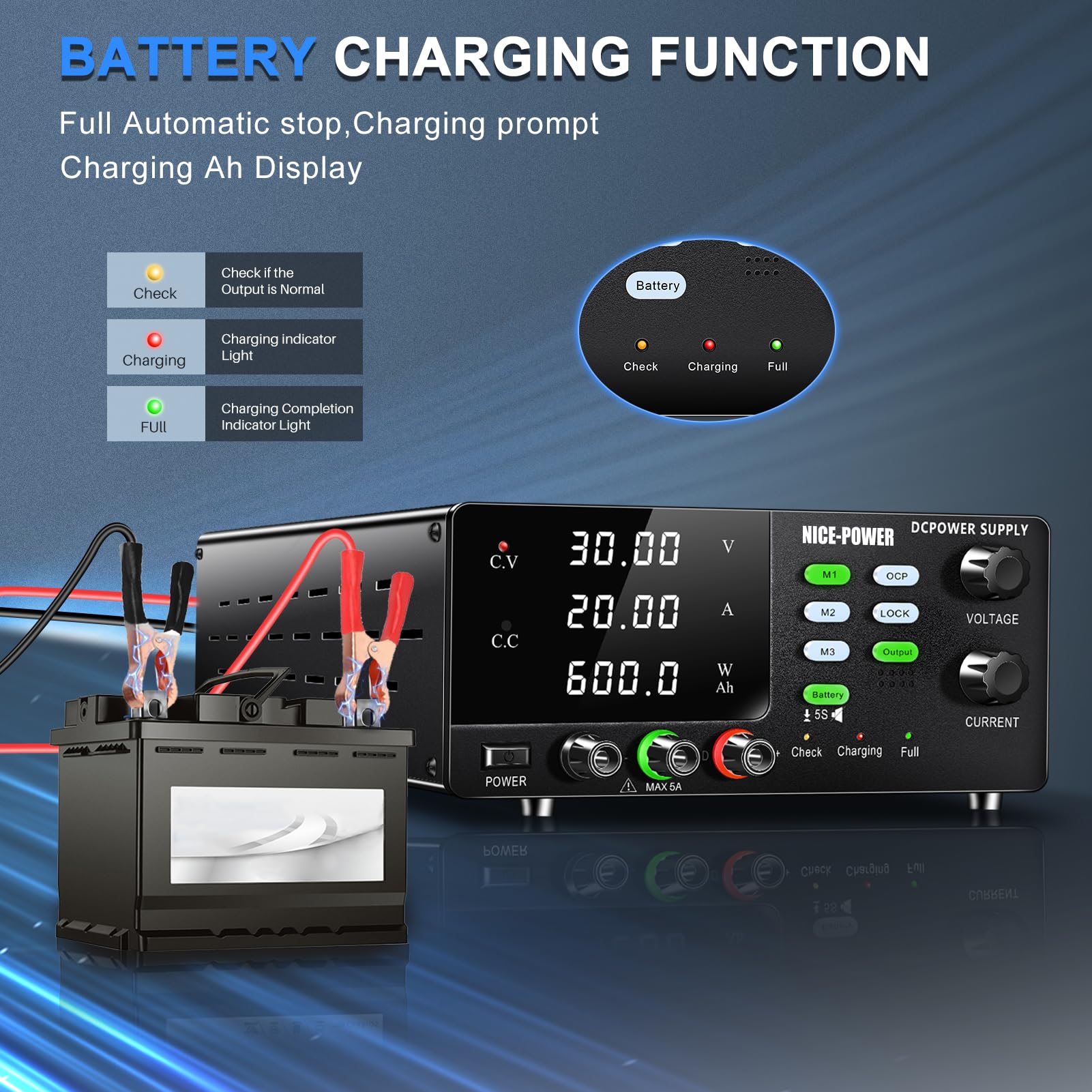 600W Adjustable DC Power Supply 30V 20A Variable Switching Regulated Bench Power Supply with OCP, Memory Storage & Lock Button - Perfect for Battery Charging, Electronics Testing, Lab Equipment & DIY Projects