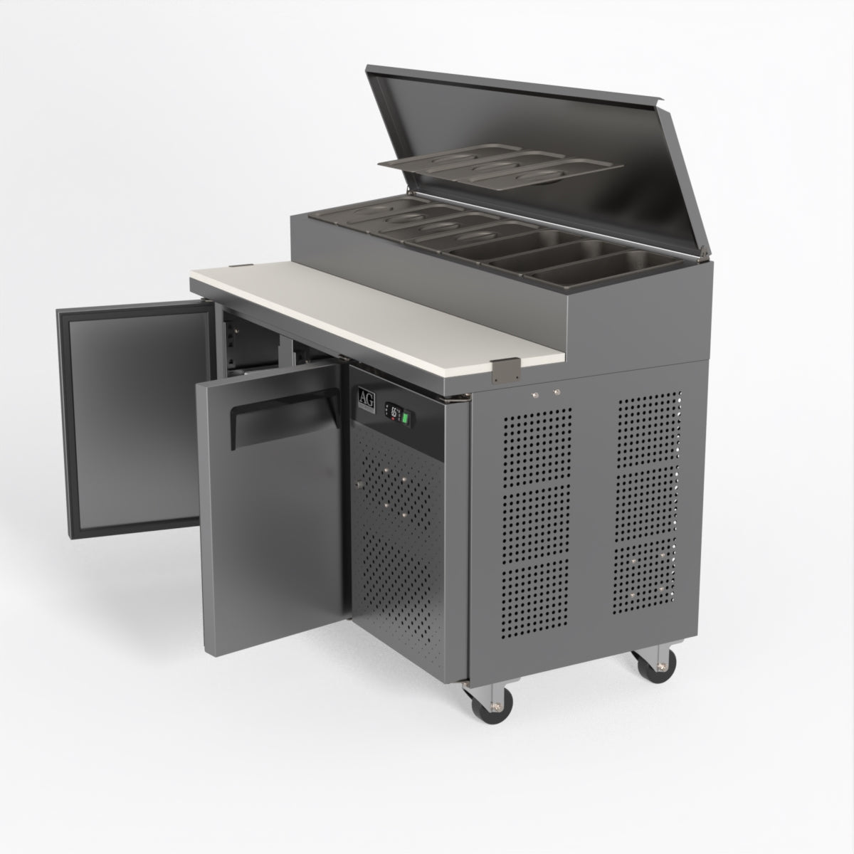 AG 2 Door Commercial Saladette Refrigerator - Holds 7 x 1/3 GN Food Pan Trays - Perfect for Restaurants, Delis & Catering Businesses