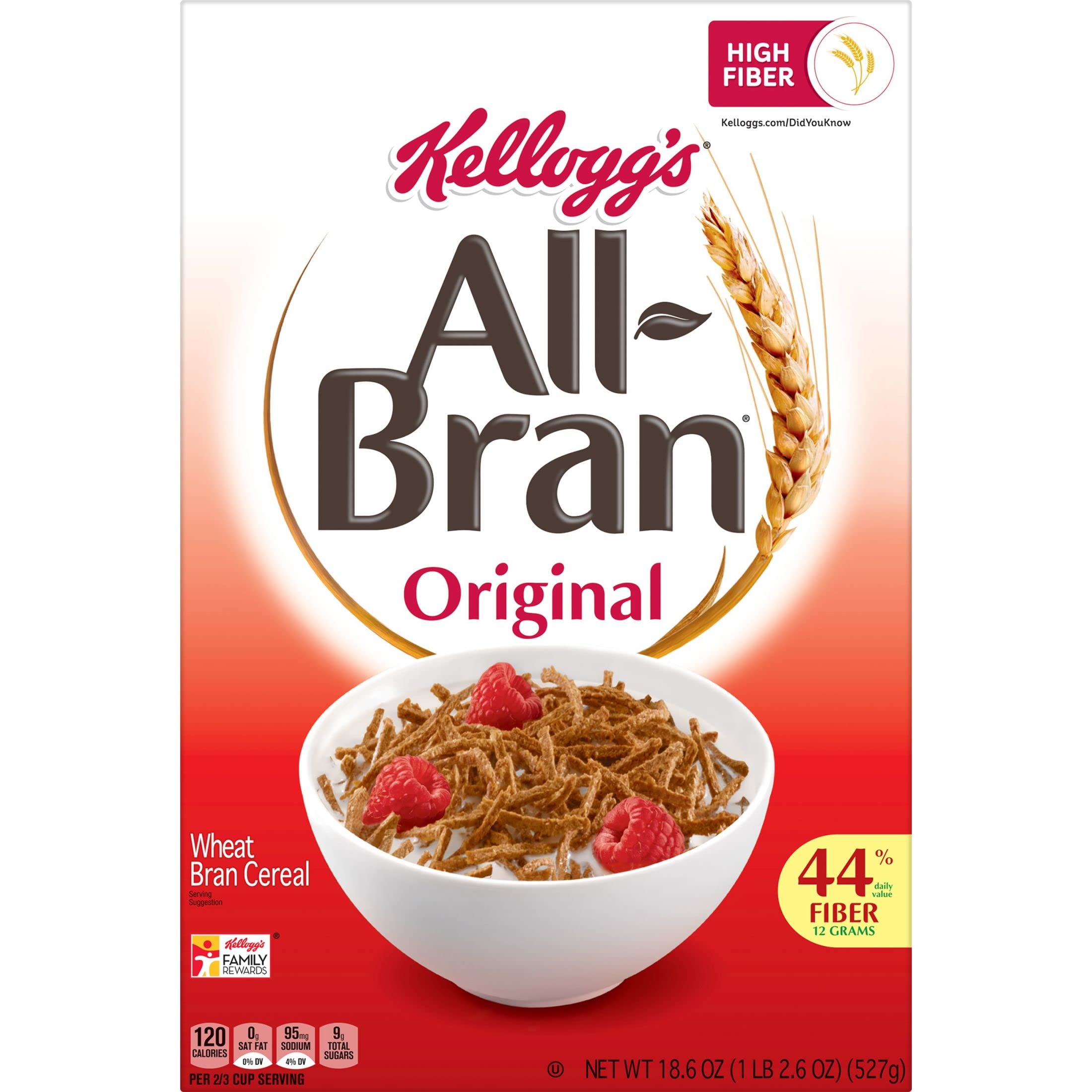 All Bran Breakfast Cereal - High Fiber Original with 8 Vitamins & Minerals (18.6oz Box) | Healthy Morning Meal & Digestive Support for Adults