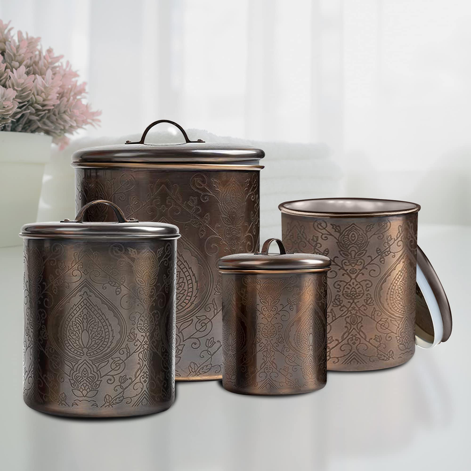 Premium Antique Etched Kitchen Canister Set - 4-Piece Copper & Stainless Steel Storage Containers for Flour, Sugar, Coffee & Tea | Elegant Pantry Organization & Countertop Display