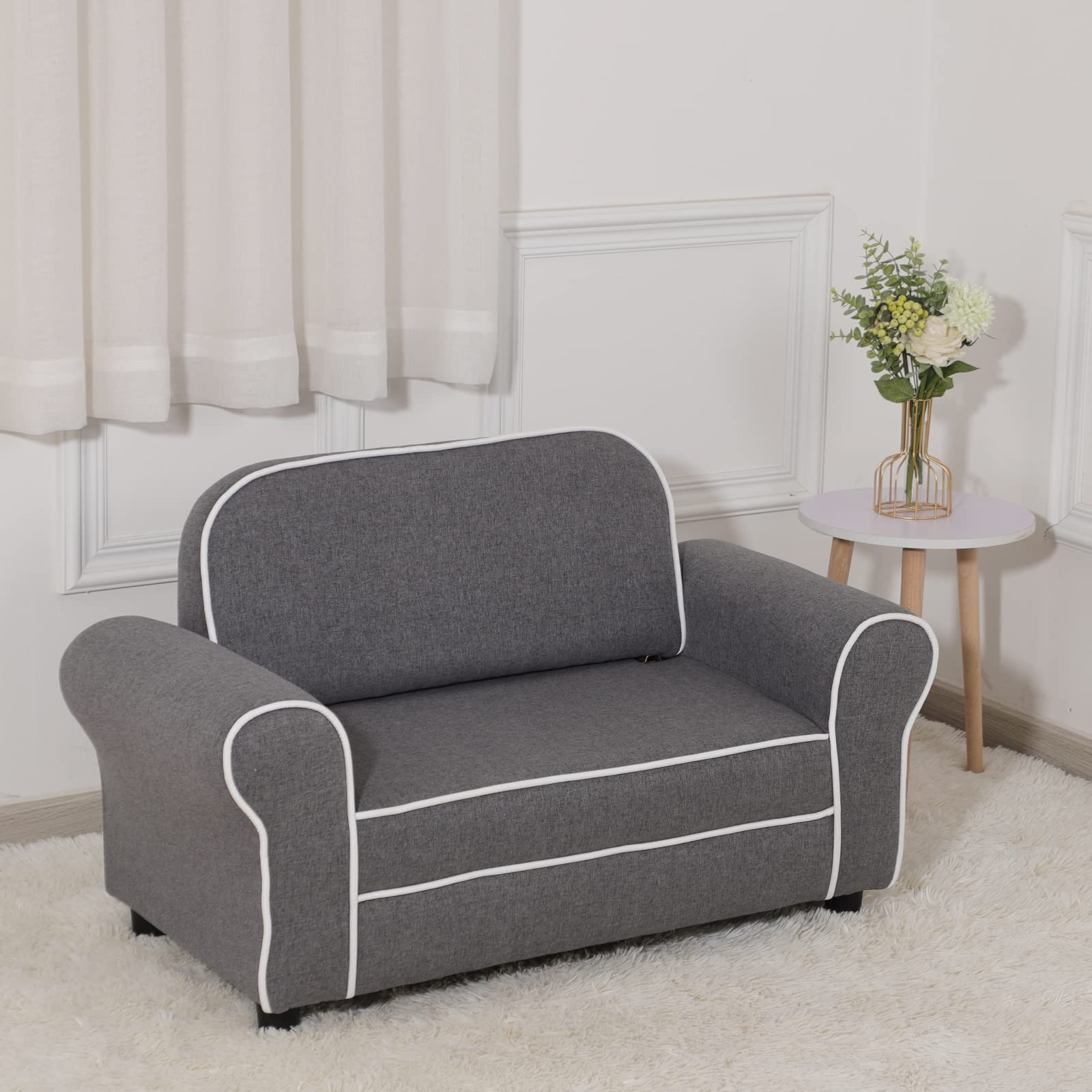 Kids Sofa Chair for Toddlers & Big Children - 2-Seater Linen Fabric Upholstered Couch, Double Child Sofa with Sturdy Frame - Perfect for Playroom, Nursery or as Birthday Gift (Grey)