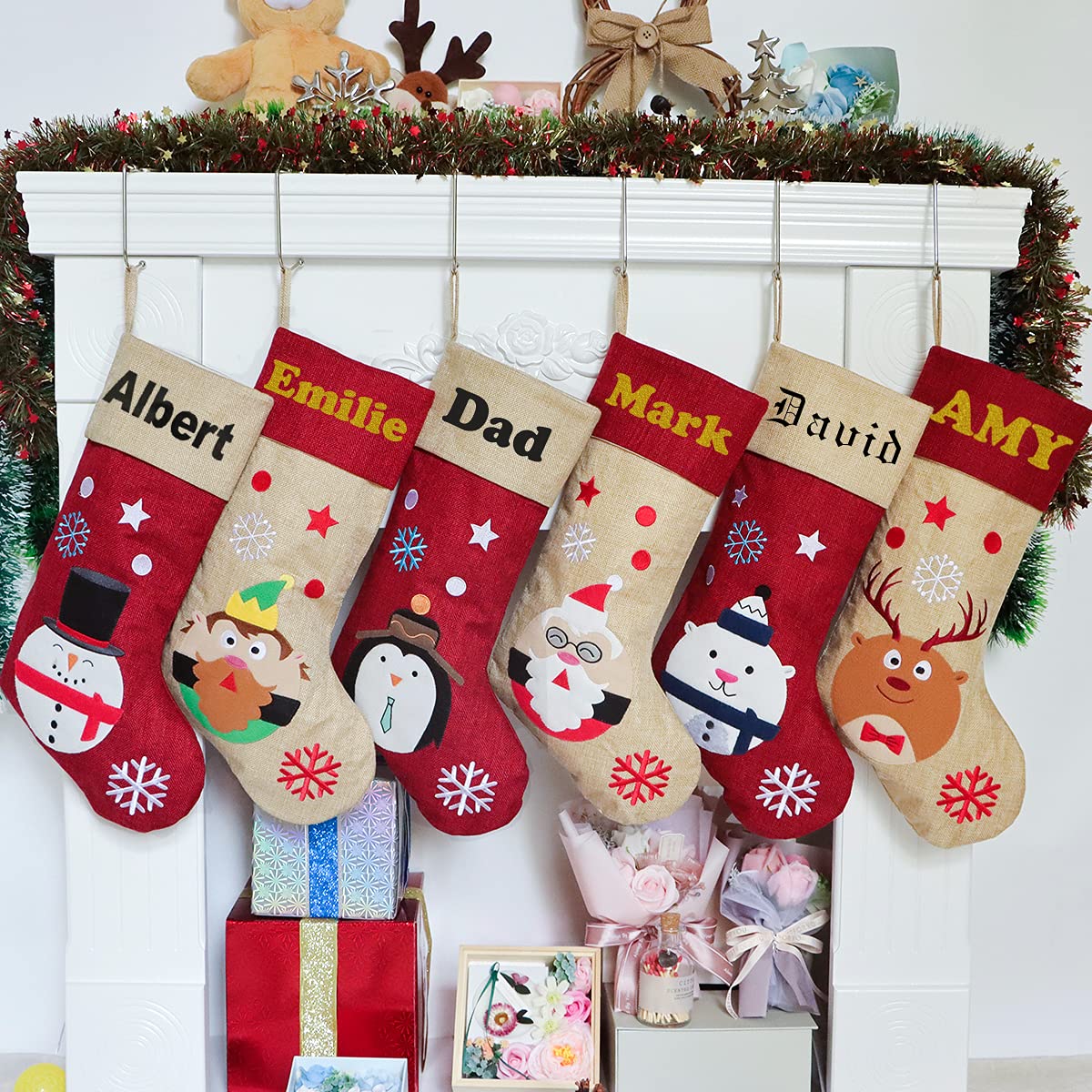 Personalized Christmas Stockings Set of 6 - Handmade Burlap Stockings with Custom Names, Rustic Farmhouse Xmas Decor for Fireplace Mantel - Perfect for Family Holiday Decorations & Christmas Gifts (Ideal for Home Decor, Holiday Parties & Festive Gift Giving)