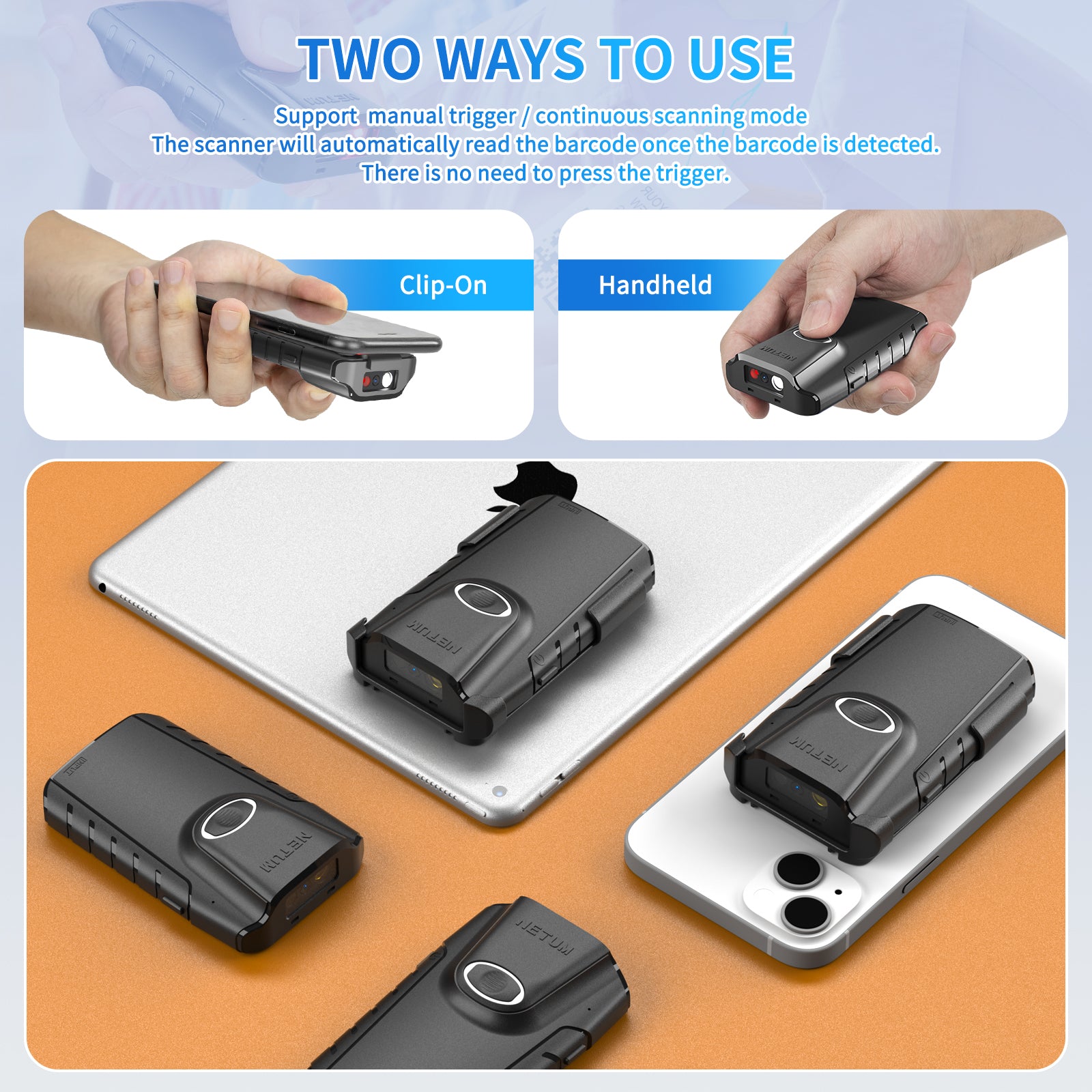 E800 2D Wireless Barcode Scanner - Fast & Accurate QR Code Reader for Retail, Warehouse & Inventory Management | USB & Bluetooth Connectivity