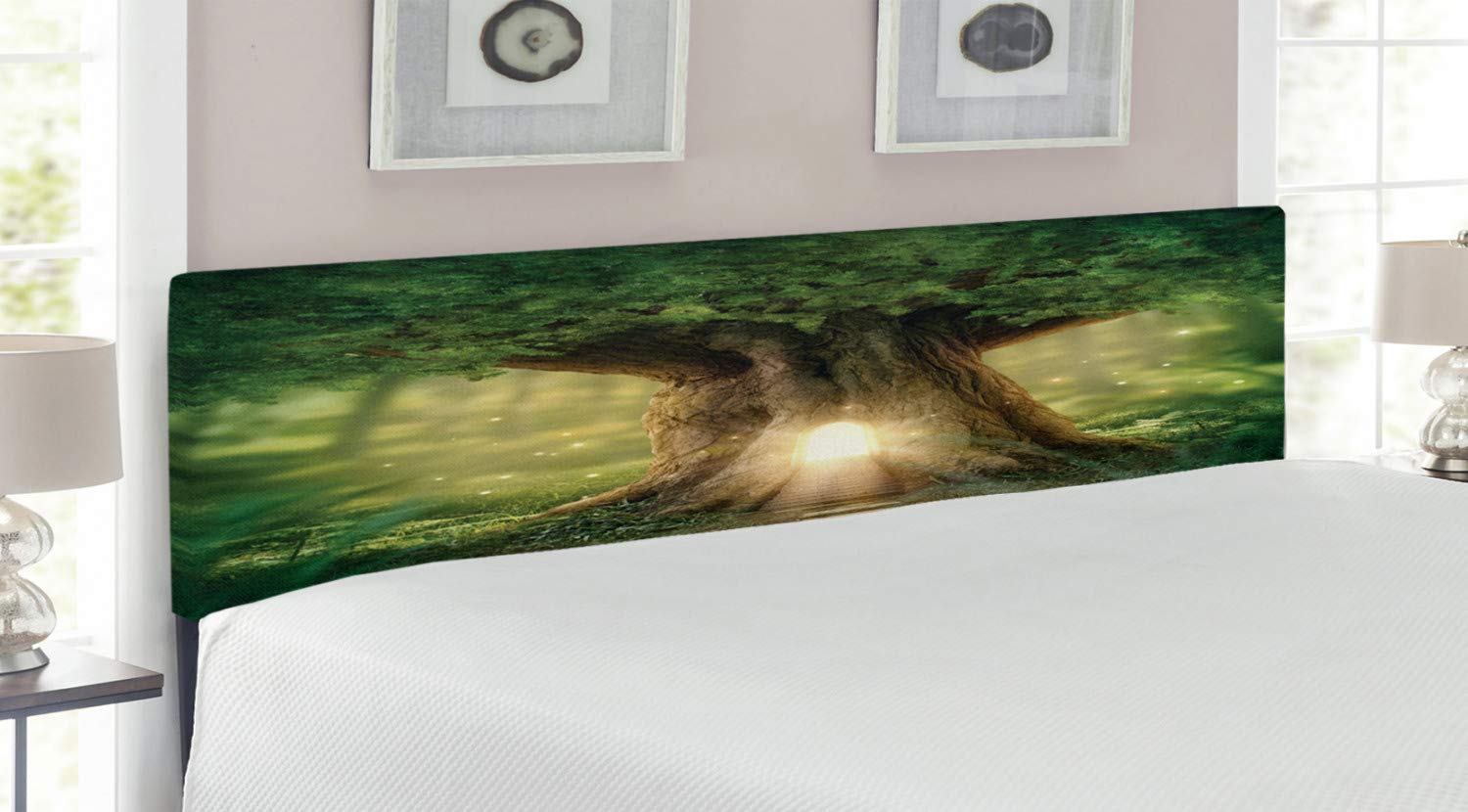 Ambesonne King Size Upholstered Headboard - Tree of Life Design with Thriving Jungle Nature Print, Memory Foam Padding, Green & Pale Yellow | Perfect for Bedroom Decor, Master Suite Upgrade & Nature-Inspired Home Styling