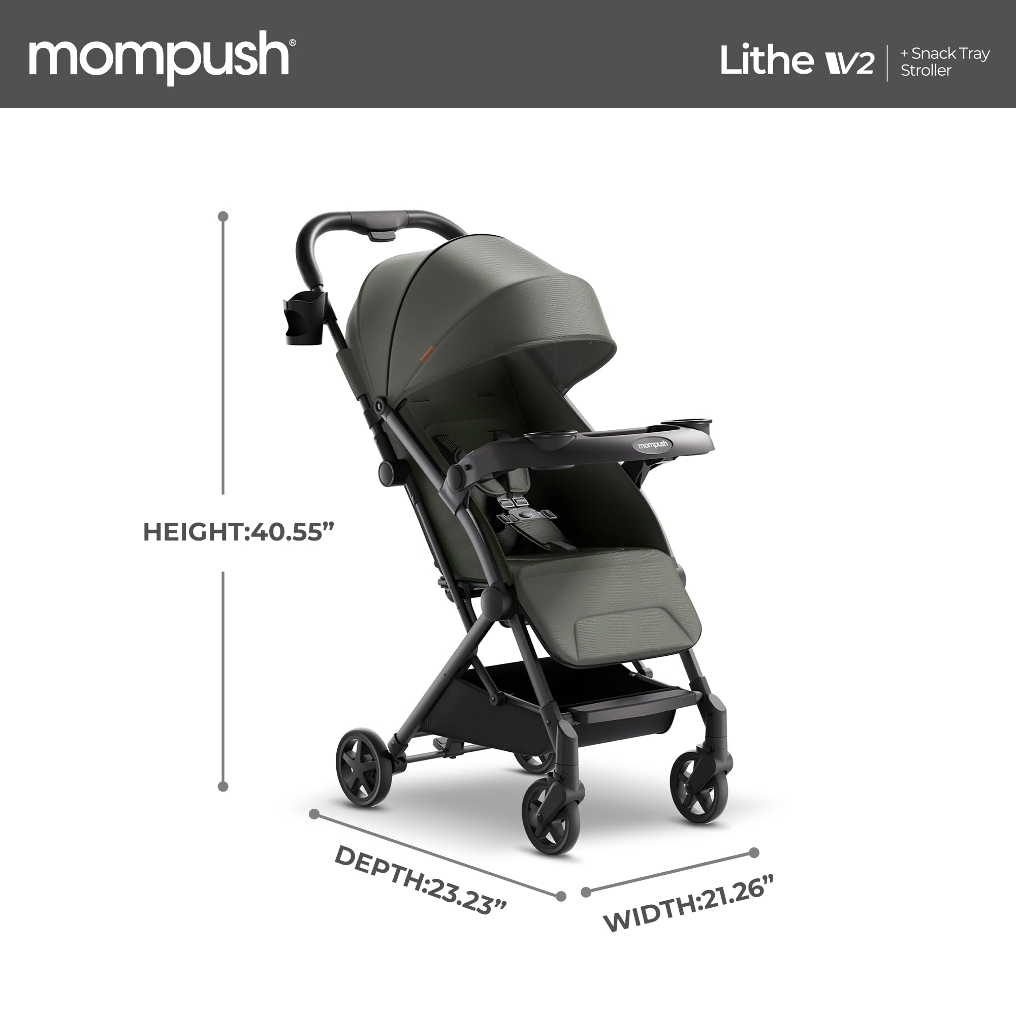 Mompush Lithe V2 Ultra Lightweight Compact Travel Stroller with Snack Tray, Cup Holder & Rain Cover - Airplane Approved Foldable Baby Stroller with Near Flat Recline Seat & Travel Bag - Perfect for Air Travel, Shopping, and Daily Walks