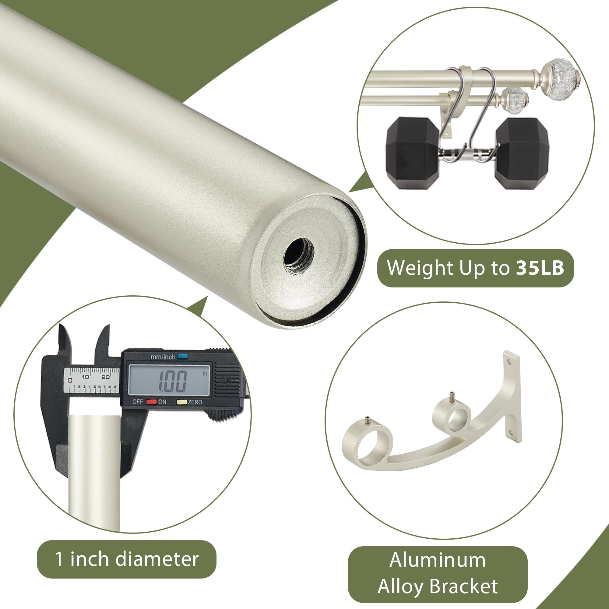 Double Curtain Rods 72-144 Inches (6-12 Feet) - Heavy Duty Telescoping Drapery Rod with Solid Aluminum Alloy Brackets - 1