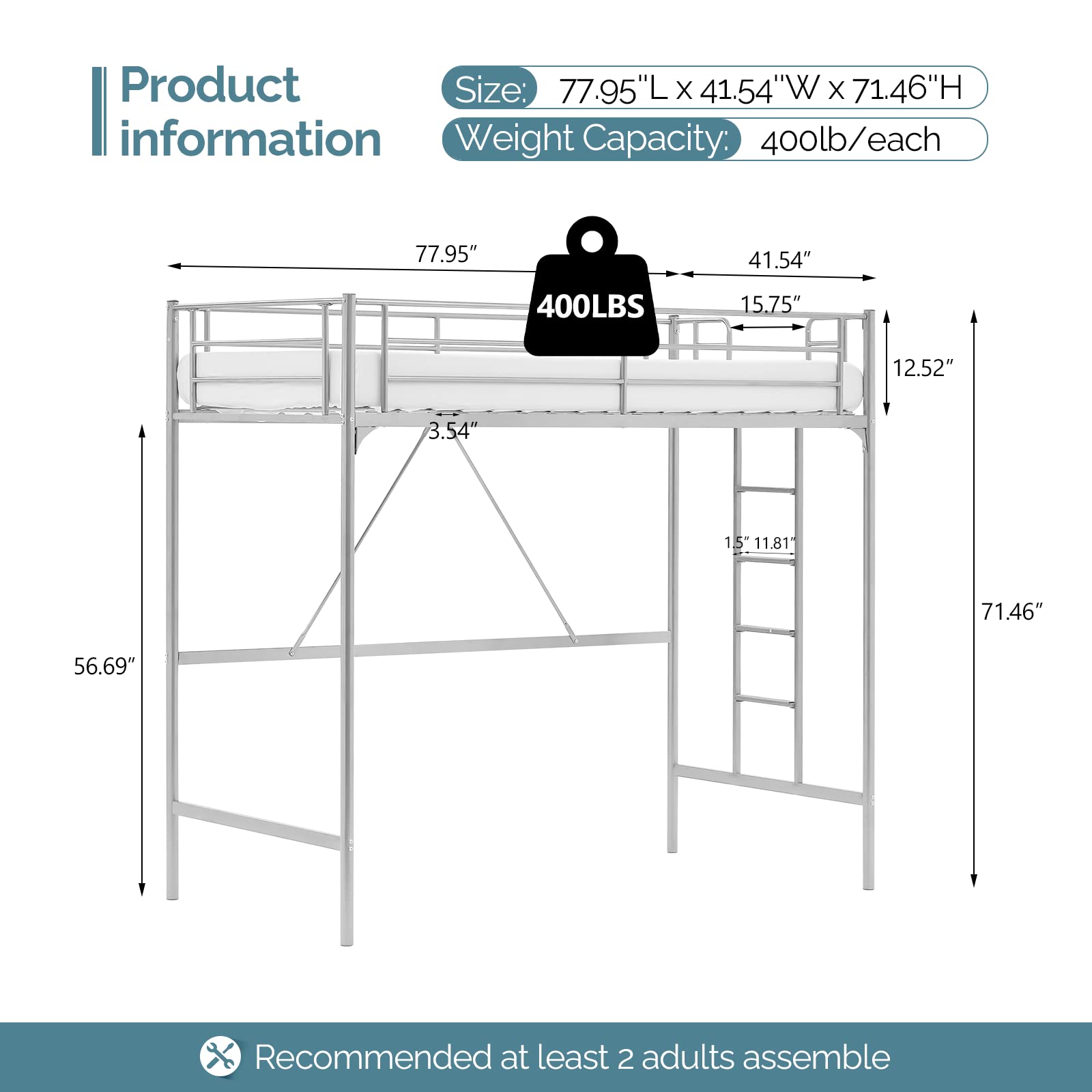 VINGLI Twin Loft Bed with Stairs - Space Saving Bunk Bed for Kids & Adults, No Box Spring Needed, Gray - Perfect for Small Bedrooms, Dorms & Studio Apartments