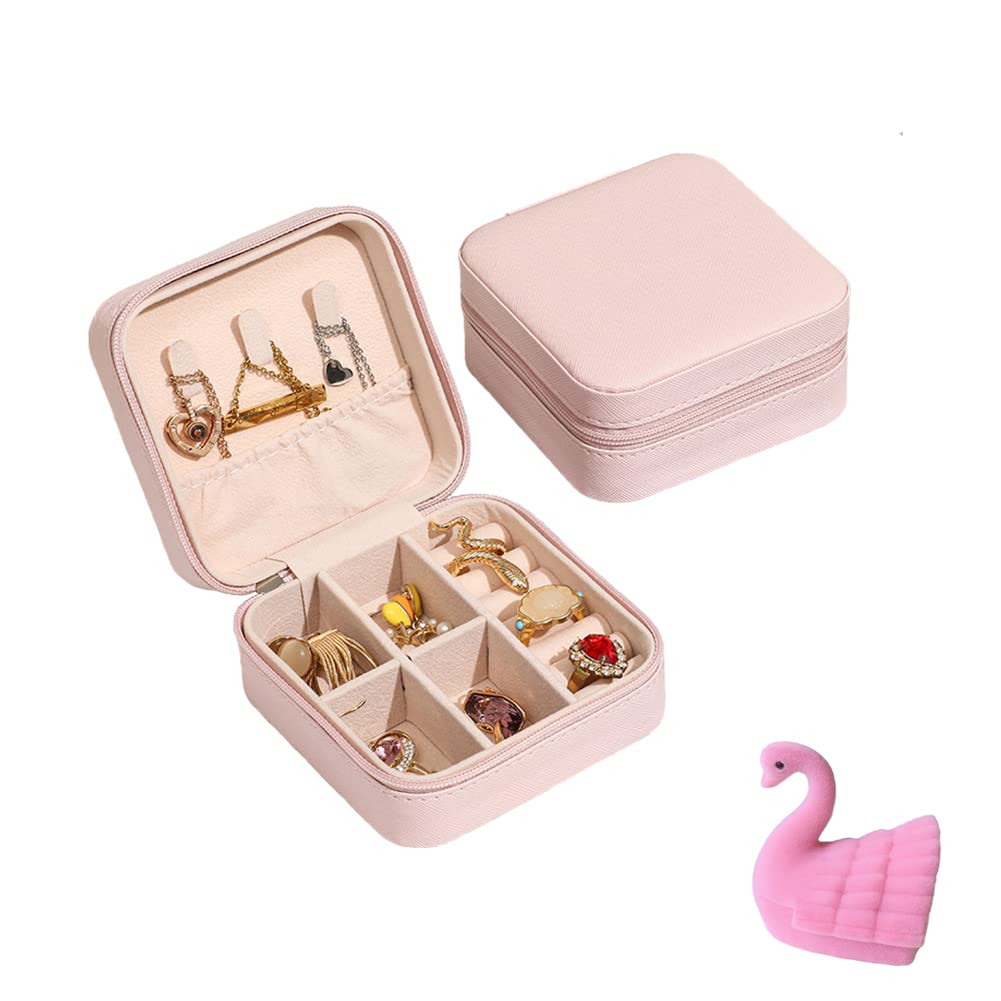 Portable Travel Jewelry Organizer with Zipper - Mini Jewelry Box with Swan Ring Holder for Rings, Earrings, Necklaces - Pink Jewelry Storage Case for Travel, Home Display & Gift Giving