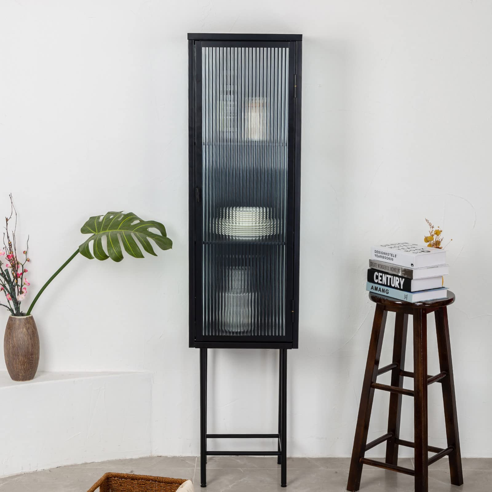 TYMMC Tall Display Cabinet with Fluted Glass Door - Adjustable Retro Indiepop Style Curio Stand Shelves with Metal Frame for Living Room, Bathroom, Dining Room, Kitchen, Bedside, Entryway & Bedroom - Perfect for Showcasing Collectibles, Books, and Home Decor