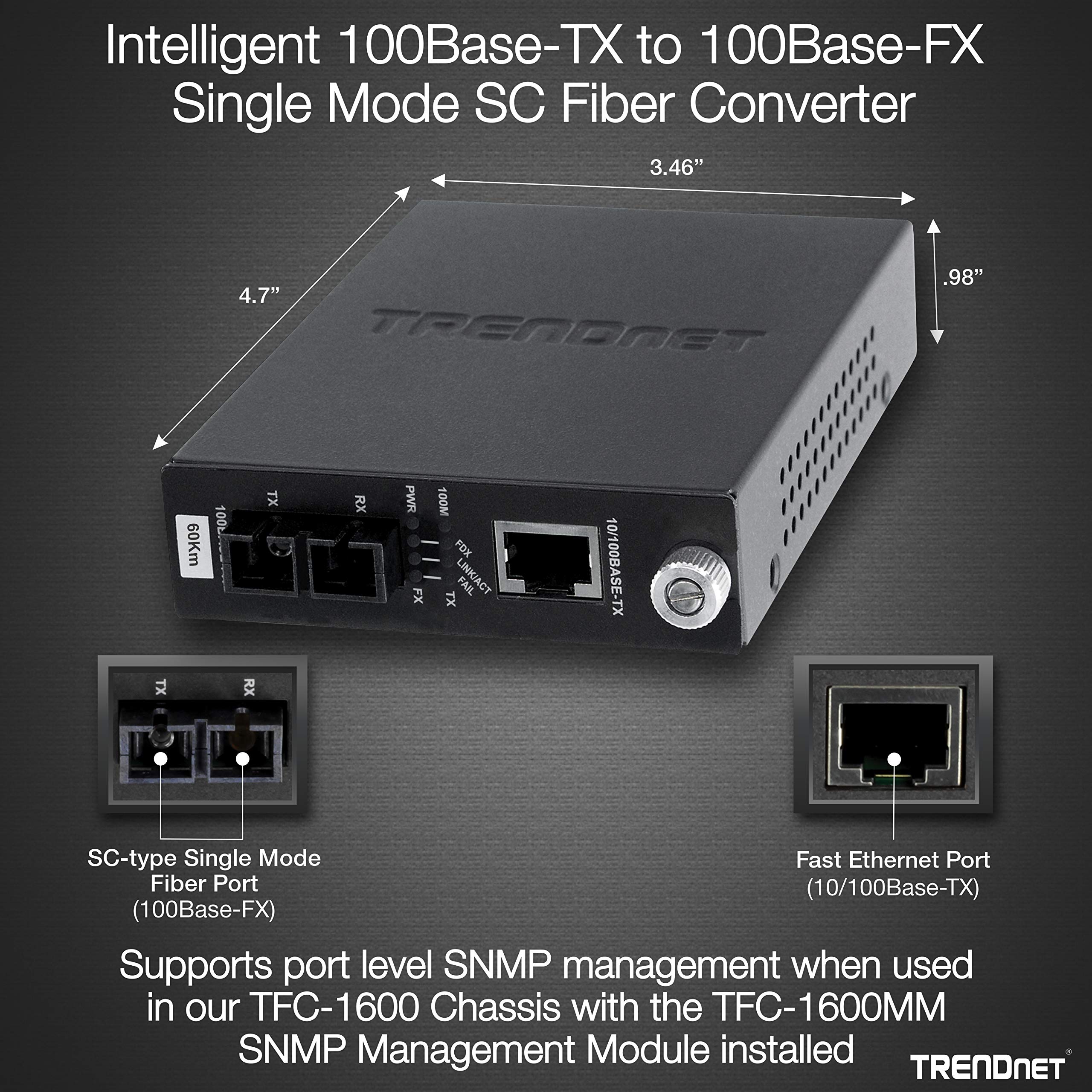 TRENDnet TFC-110S60i Fiber Media Converter - 10/100Base-TX to 100Base-FX Single Mode SC (60Km/37.3 Miles) with Auto-Negotiation, RJ-45 Port & Lifetime Protection - Ideal for Enterprise Networks, Data Centers & Long-Distance Ethernet Connections