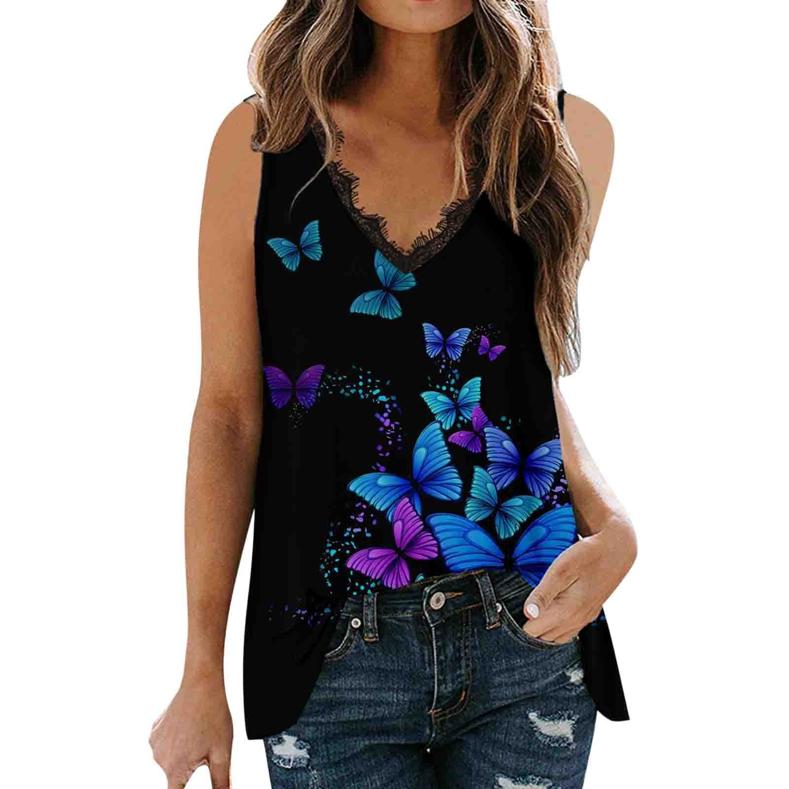 Women's Summer Sleeveless Butterfly Print V-Neck Lace Tank Top - Casual Layering Vest for Women - Perfect for Beach Outings, Yoga, and Everyday Wear (Black)