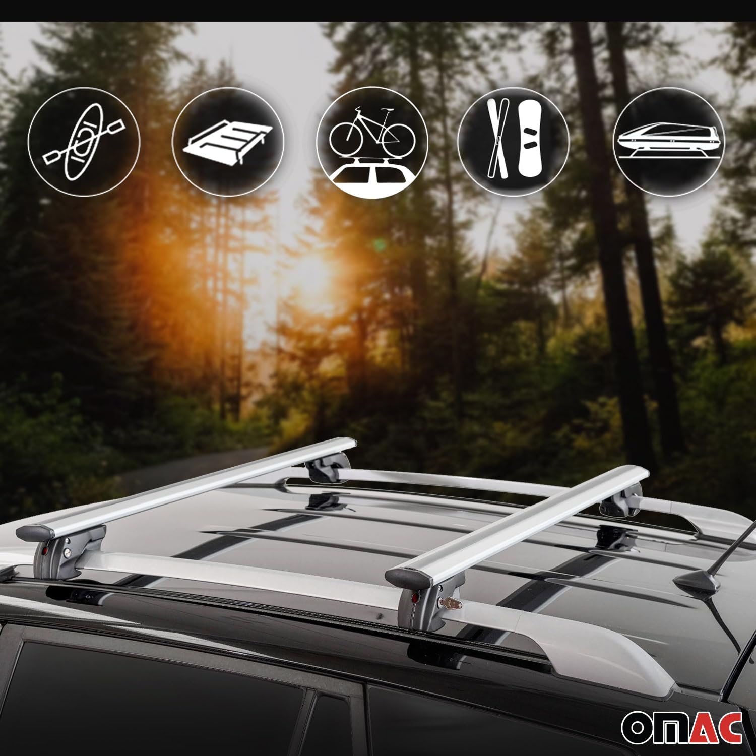 OMAC Aluminum Roof Rack Cross Bars for VW Touareg 2004-2006 - Silver Anti-Theft 2-Piece Set - Perfect for Kayak, Canoe, Surfboard, Ski, Snowboard & Camping Gear Transport