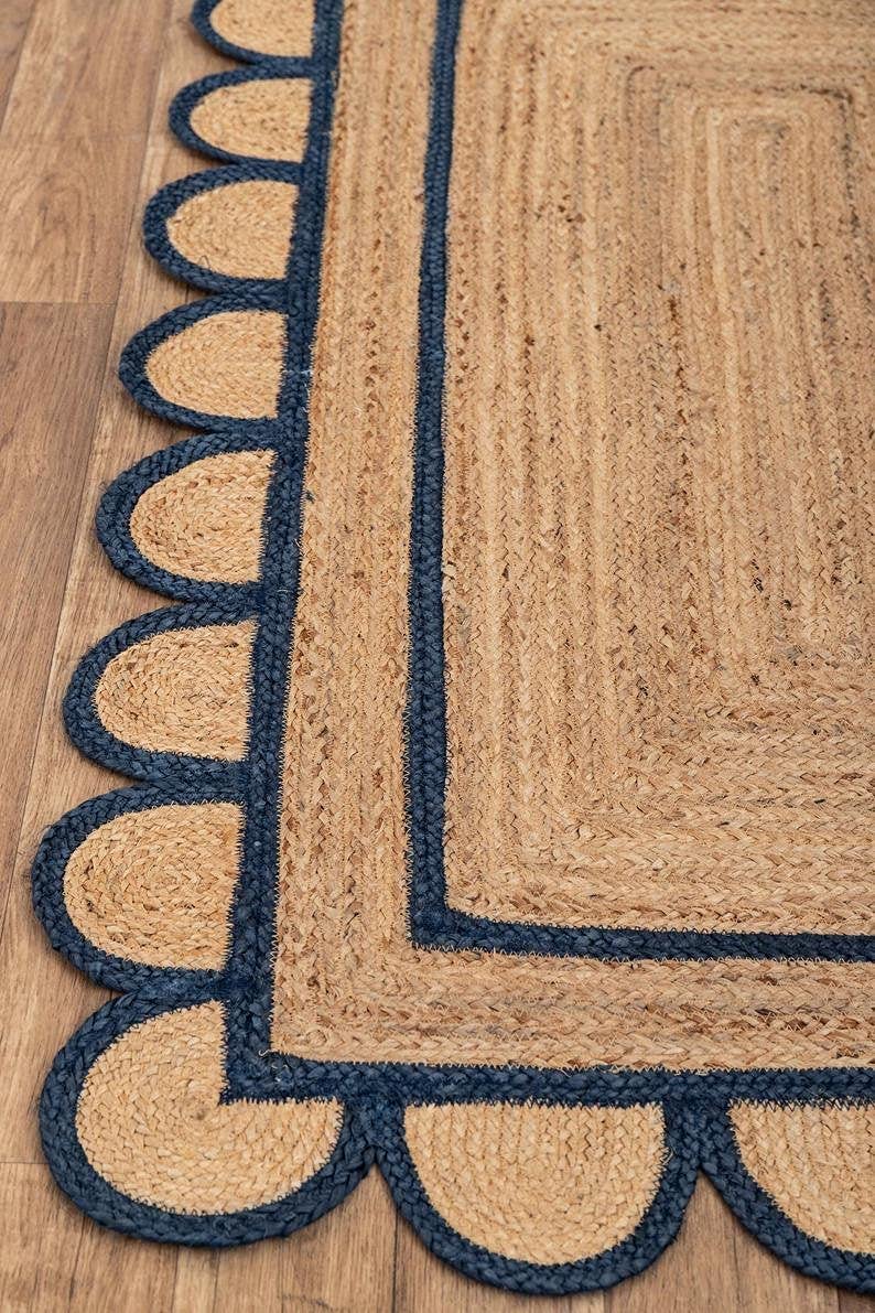 Handwoven Jute Area Rug with Scalloped Edge - 5x5 Square Feet Natural Beige Farmhouse Rug for Bedroom, Living Room & Kitchen - Blue Border Braided Cotton Rug for Boho & Coastal Home Decor