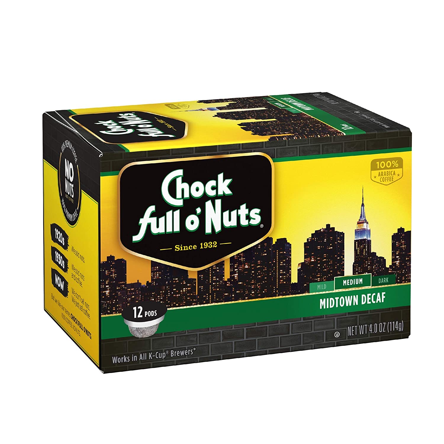 Chock Full o'Nuts Midtown Decaf Coffee Pods - 6 Single Serve Cups Case | Perfect for Office, Home & Travel Use