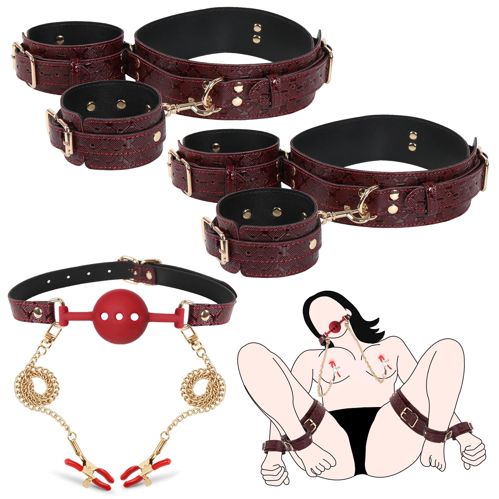 Premium BDSM Bondage Restraints Kit - Adjustable Leather Thigh, Wrist & Ankle Cuffs with Silicone Ball Gag, Nipple Clamps & Red Handcuffs for Couples - Sensual Adult Toys for Spicing Up Bedroom Play & SM Roleplay Games