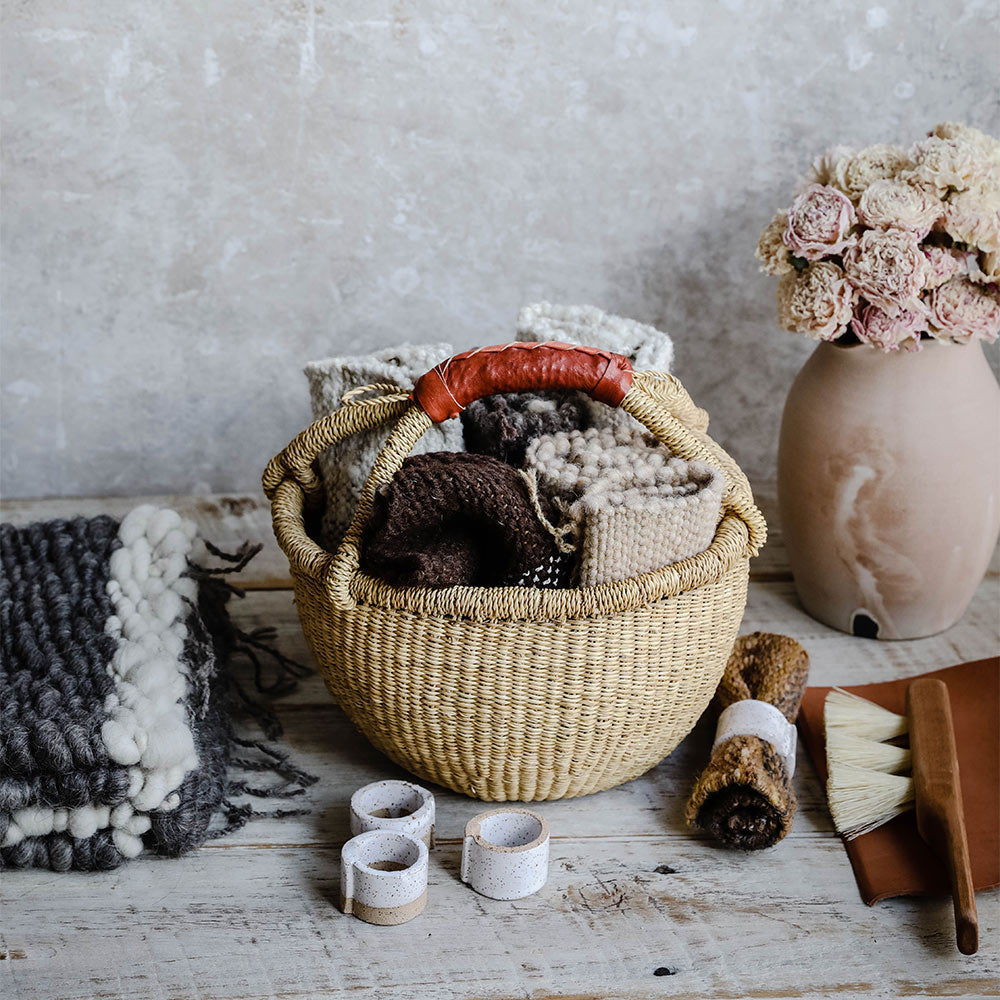 Handwoven Mini Bolga Basket with Brown Leather Handle - Perfect for Home Decor, Picnics & Beach Outings