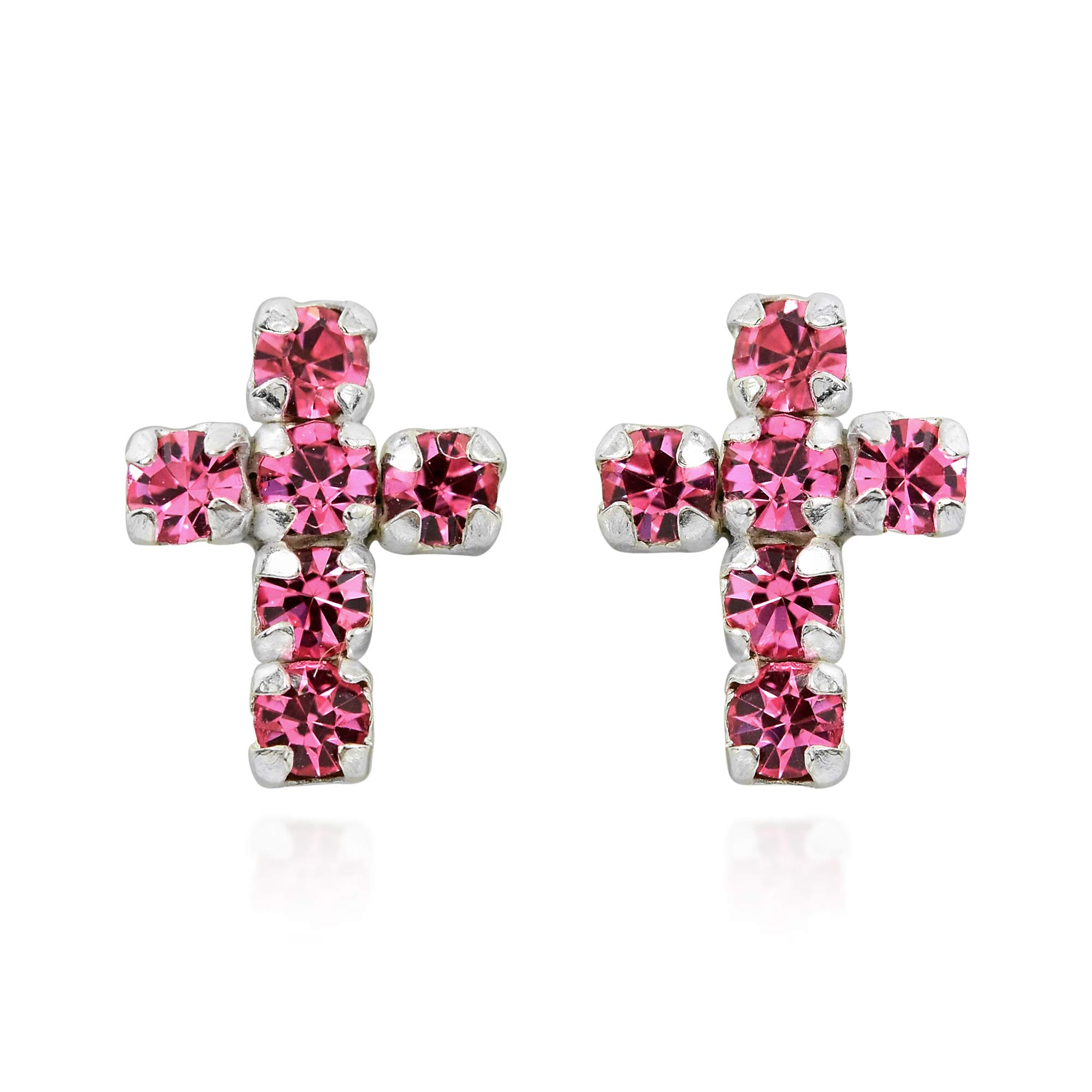 Aeravida Cute Petite Cross Sweet Pink CZ .925 Sterling Silver Mini Stud Earrings for Women | Dainty Religious Jewelry Gift for Her | Perfect for Everyday Wear, Church, Baptism & Special Occasions